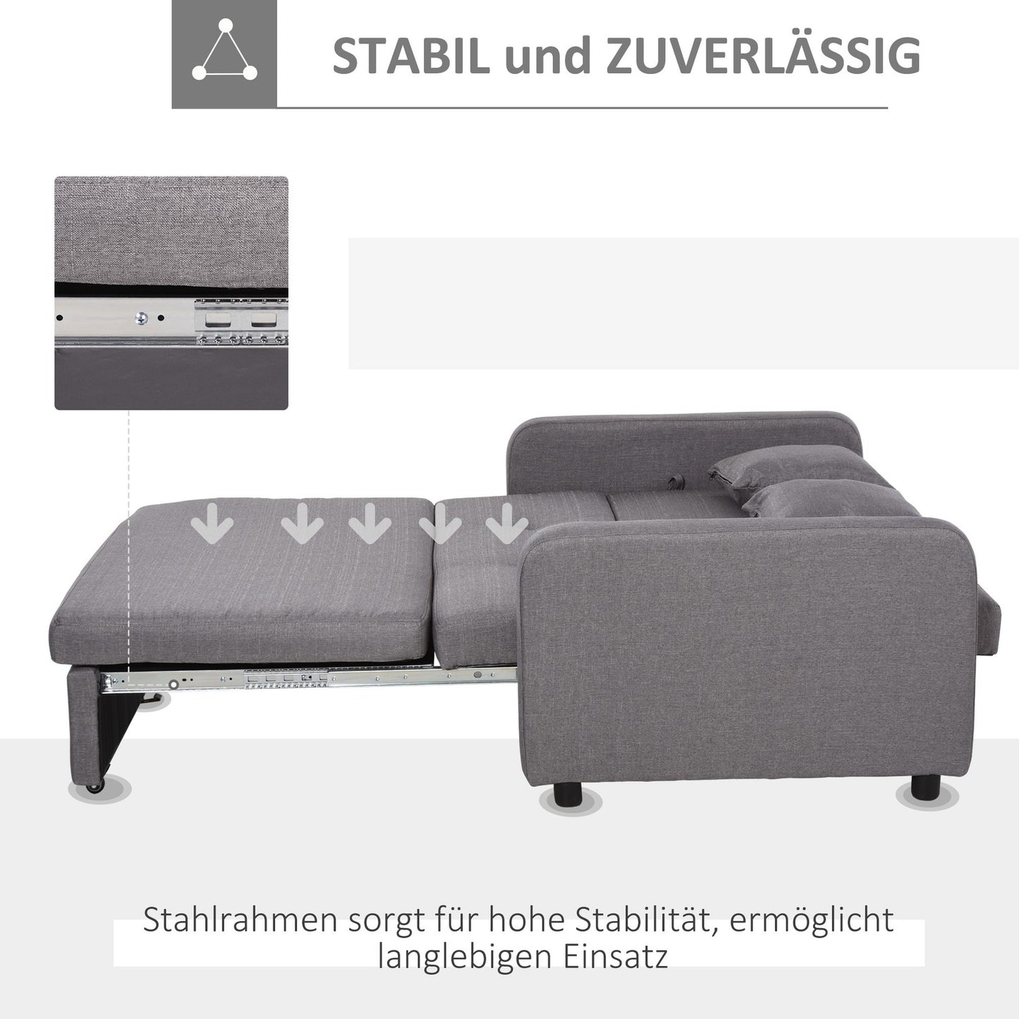 Sofa bed with gray linen look, storage and wheels, 2-seater