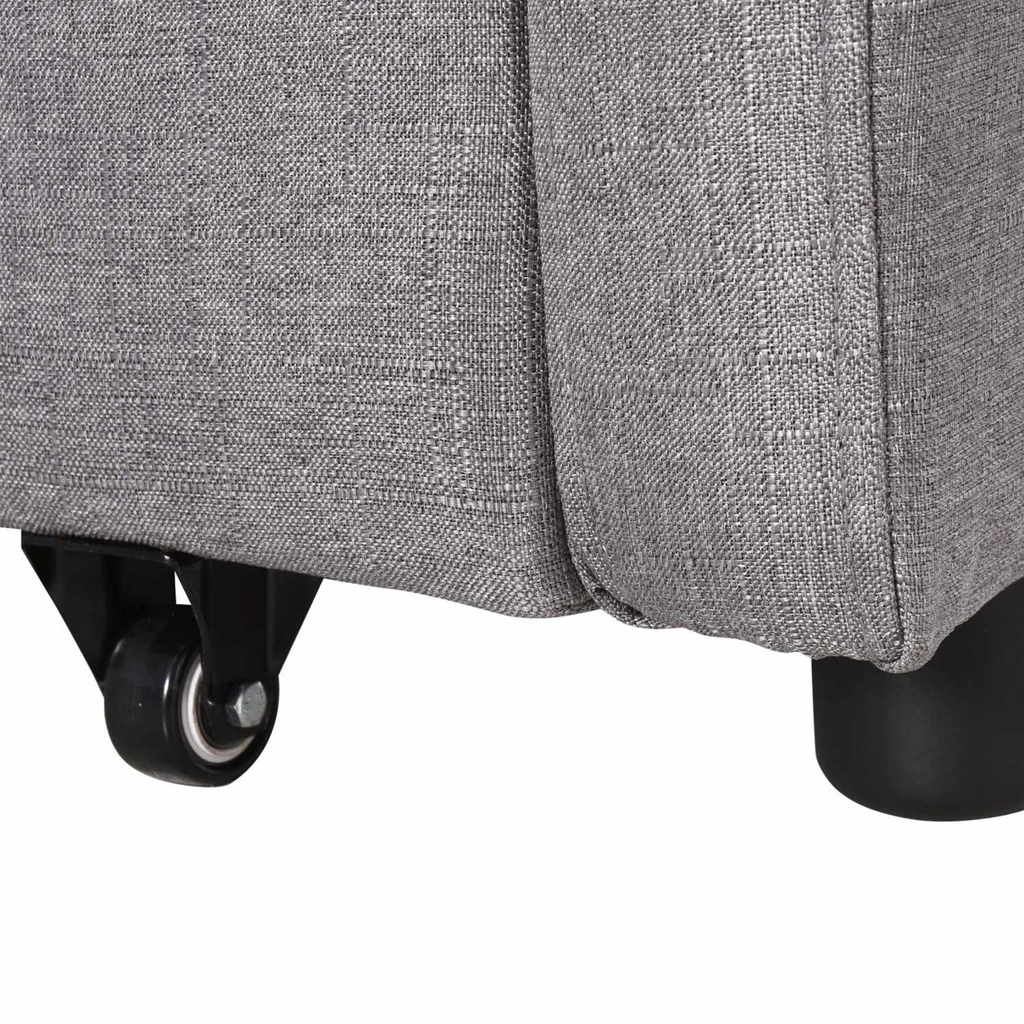 Sofa bed with gray linen look, storage and wheels, 2-seater