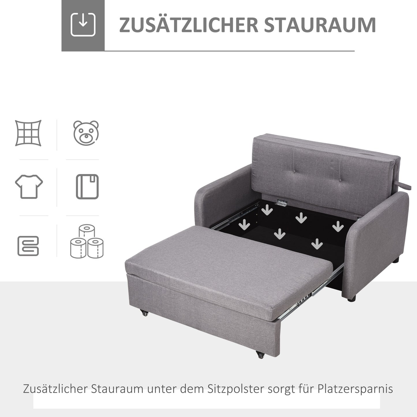 Sofa bed with gray linen look, storage and wheels, 2-seater