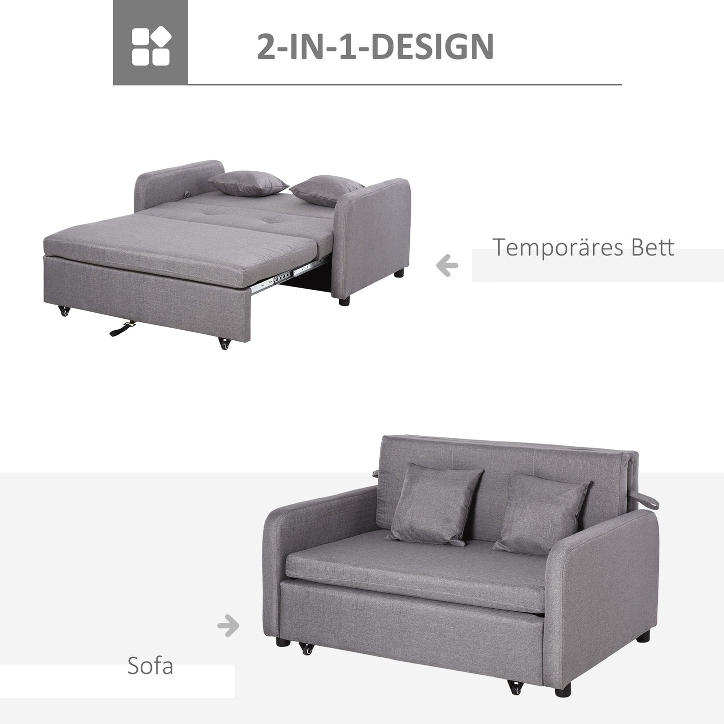 Sofa bed with gray linen look, storage and wheels, 2-seater