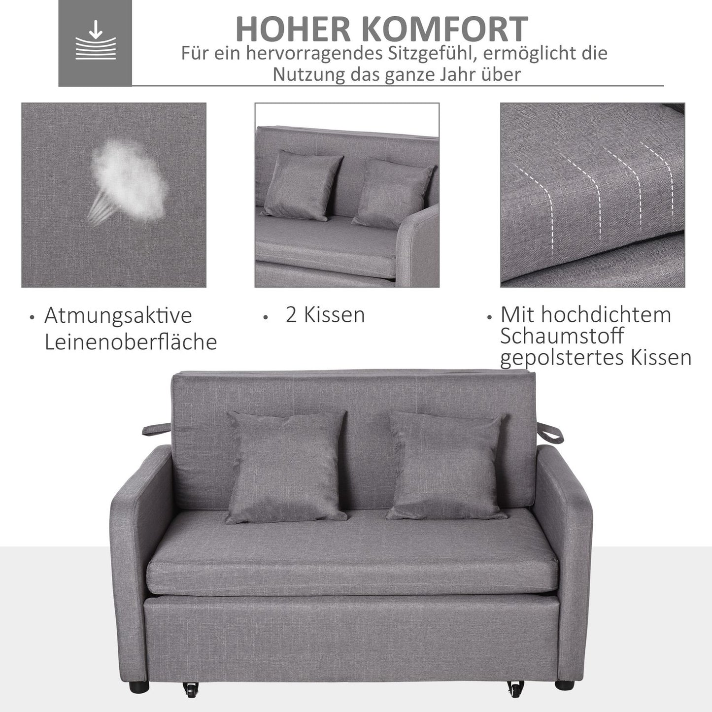 Sofa bed with gray linen look, storage and wheels, 2-seater