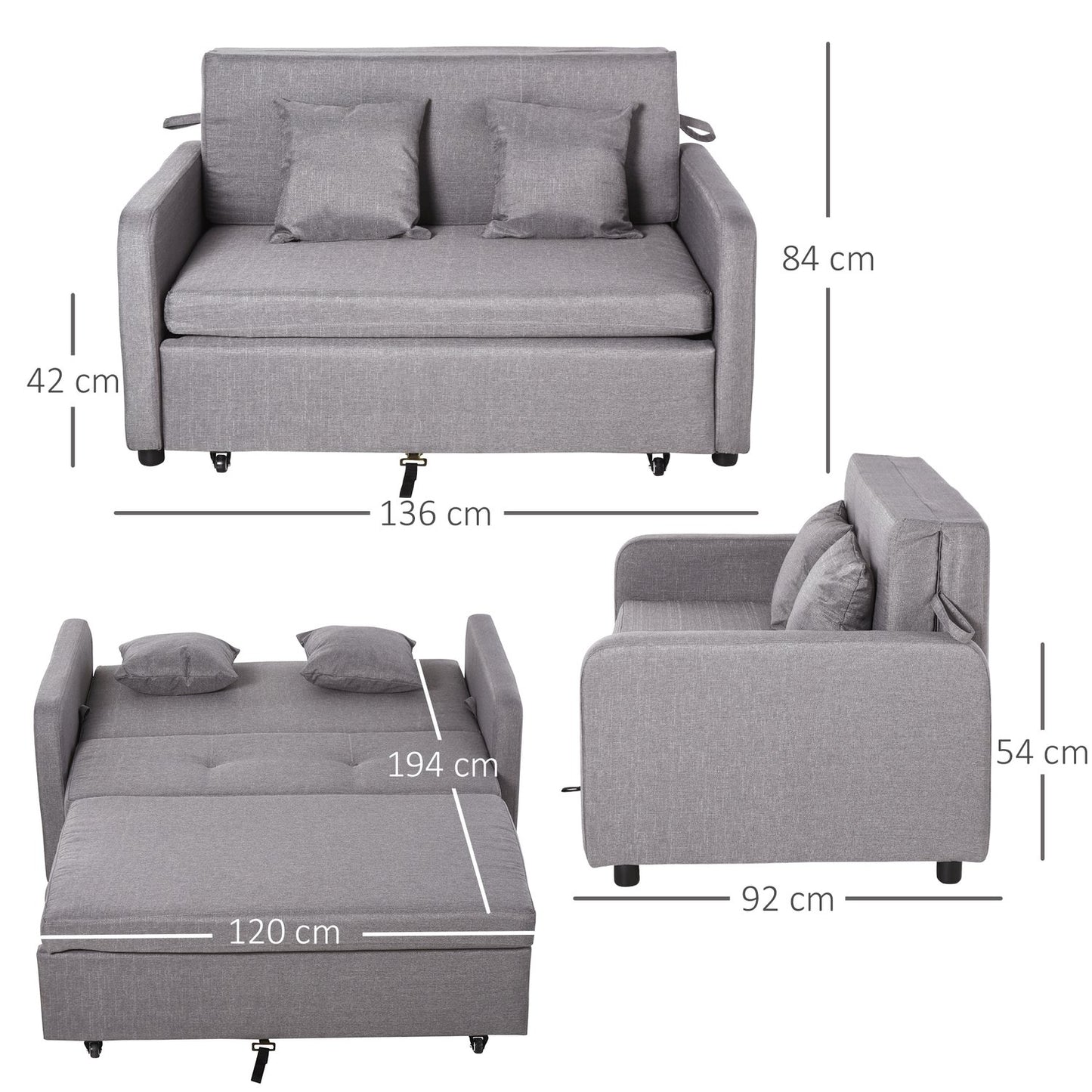 Sofa bed with gray linen look, storage and wheels, 2-seater
