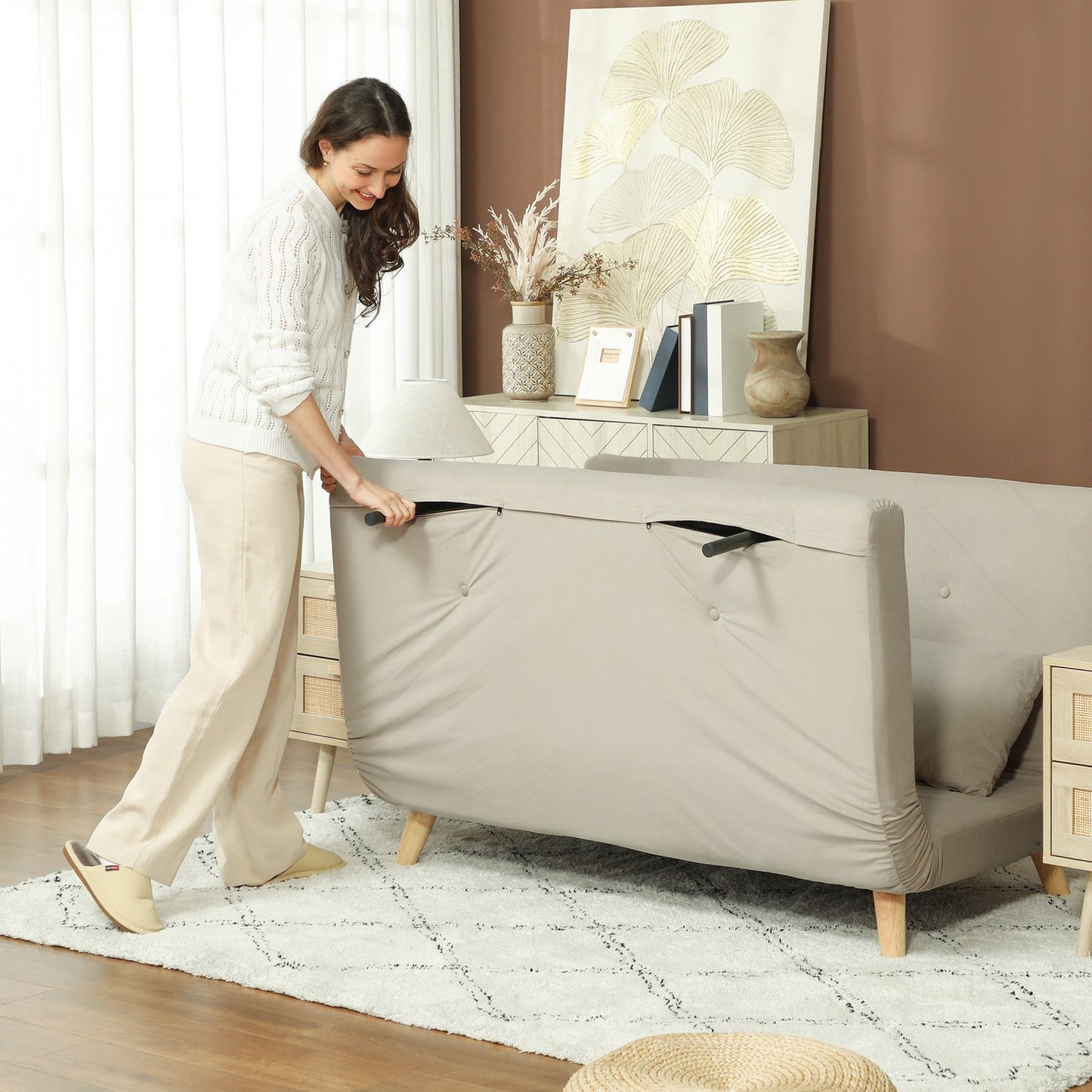 Beige velvet sofa bed with lumbar cushion - 130 x 78 cm