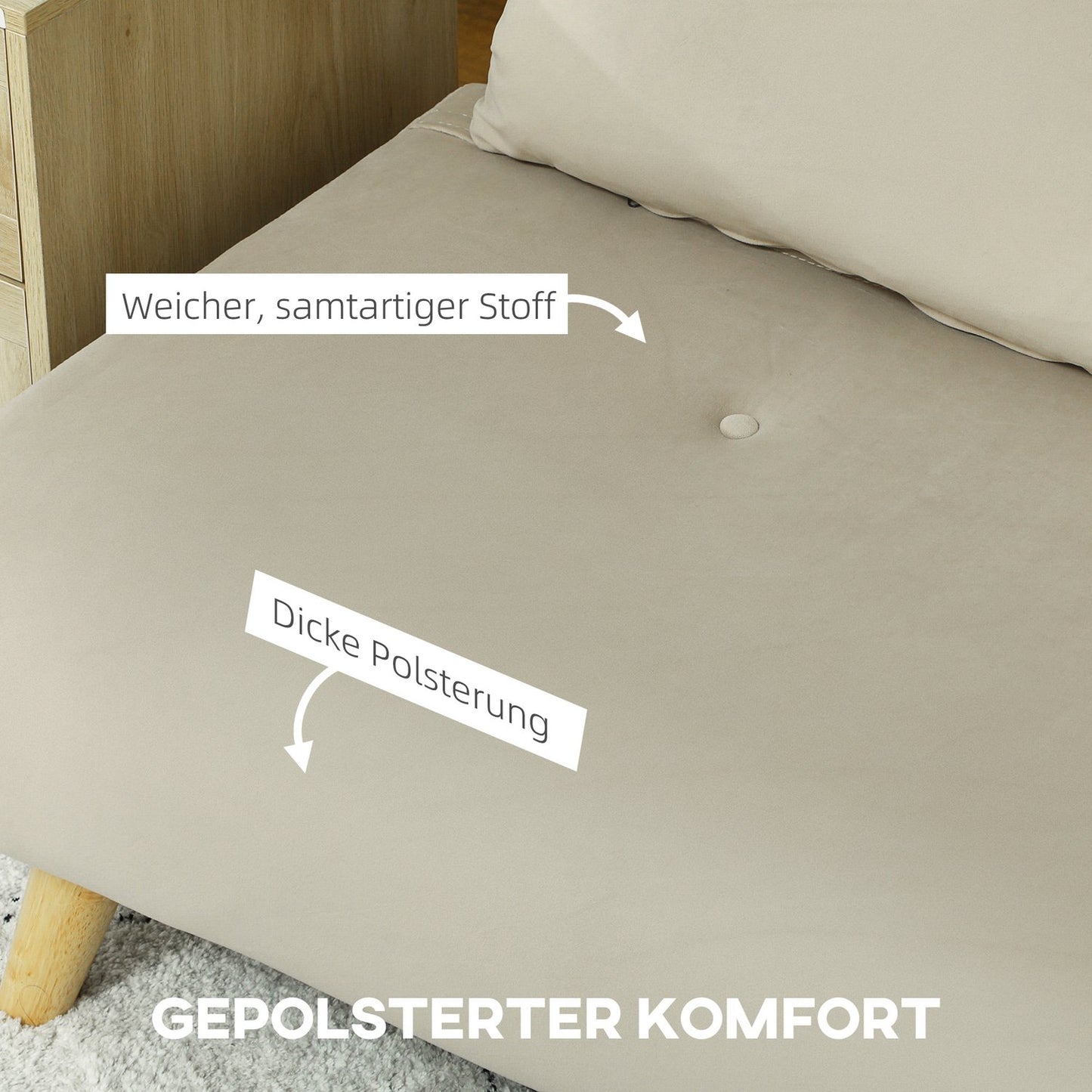 Beige velvet sofa bed with lumbar cushion - 130 x 78 cm