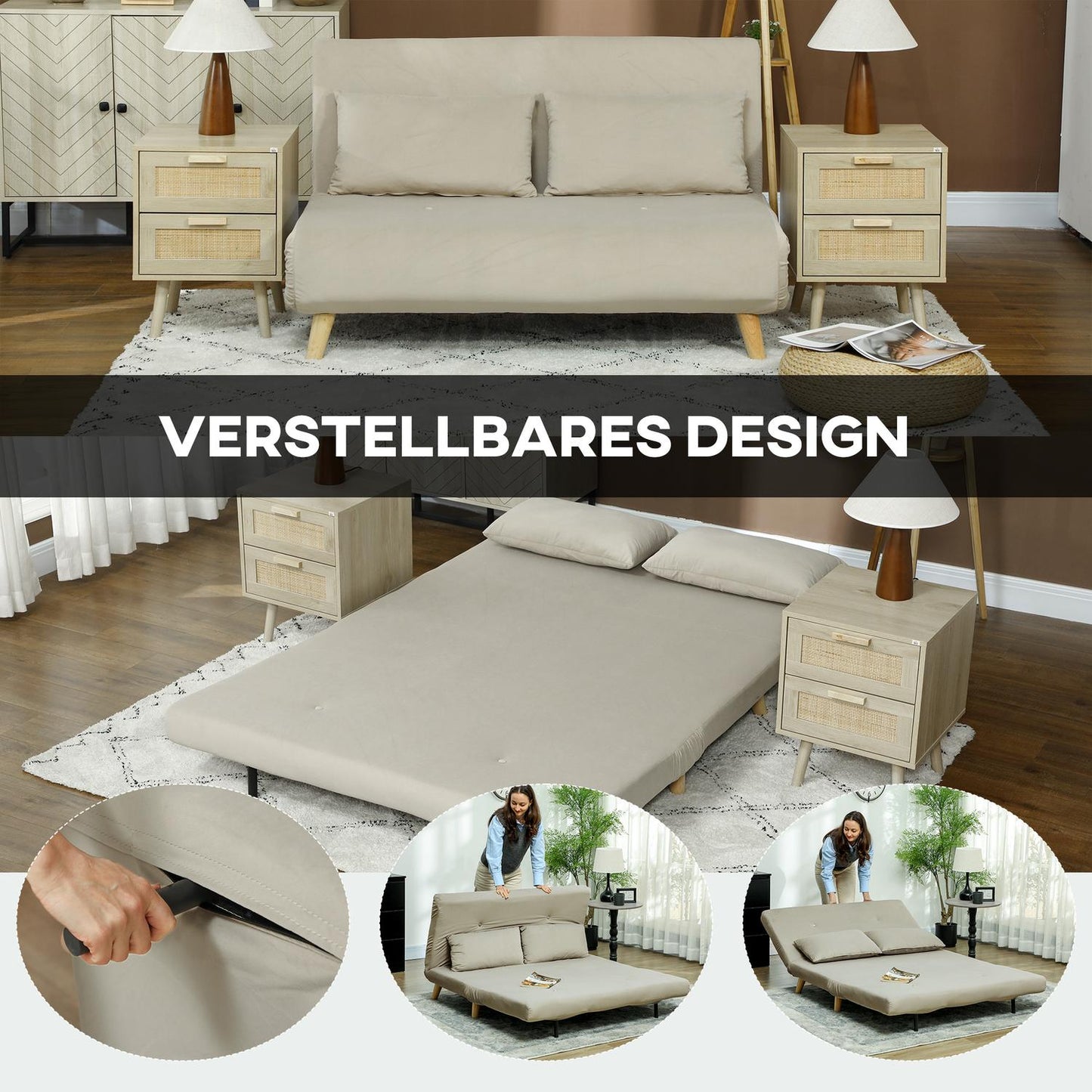 Beige velvet sofa bed with lumbar cushion - 130 x 78 cm