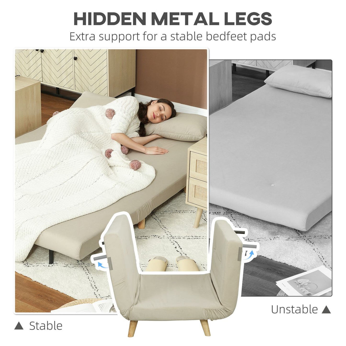 Beige velvet sofa bed with lumbar cushion - 130 x 78 cm