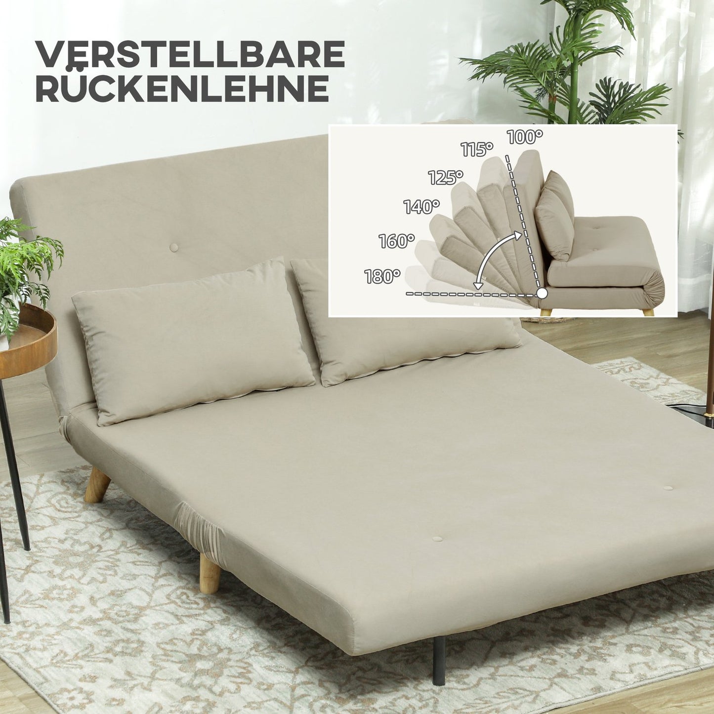 Beige velvet sofa bed with lumbar cushion - 130 x 78 cm