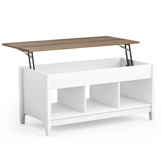 Sofa table with lifting plate storage space & 3 open shelves, height adjustable 104.5 x 49 x 48-62.5 cm white