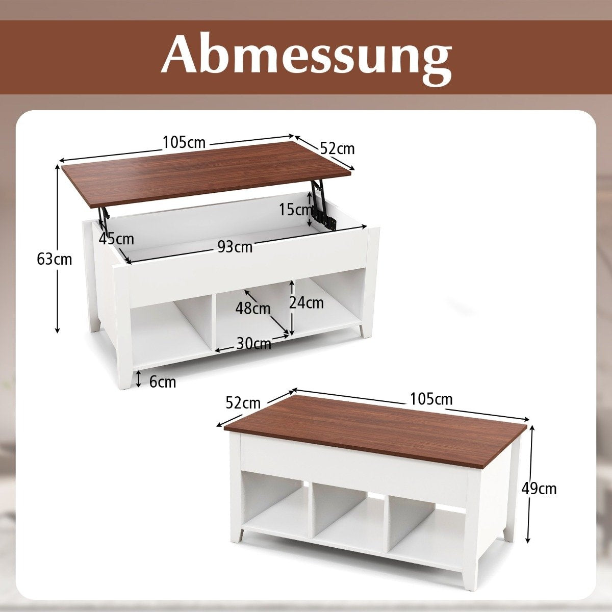 Sofa table with lifting plate storage space & 3 open shelves, height adjustable 104.5 x 49 x 48-62.5 cm white