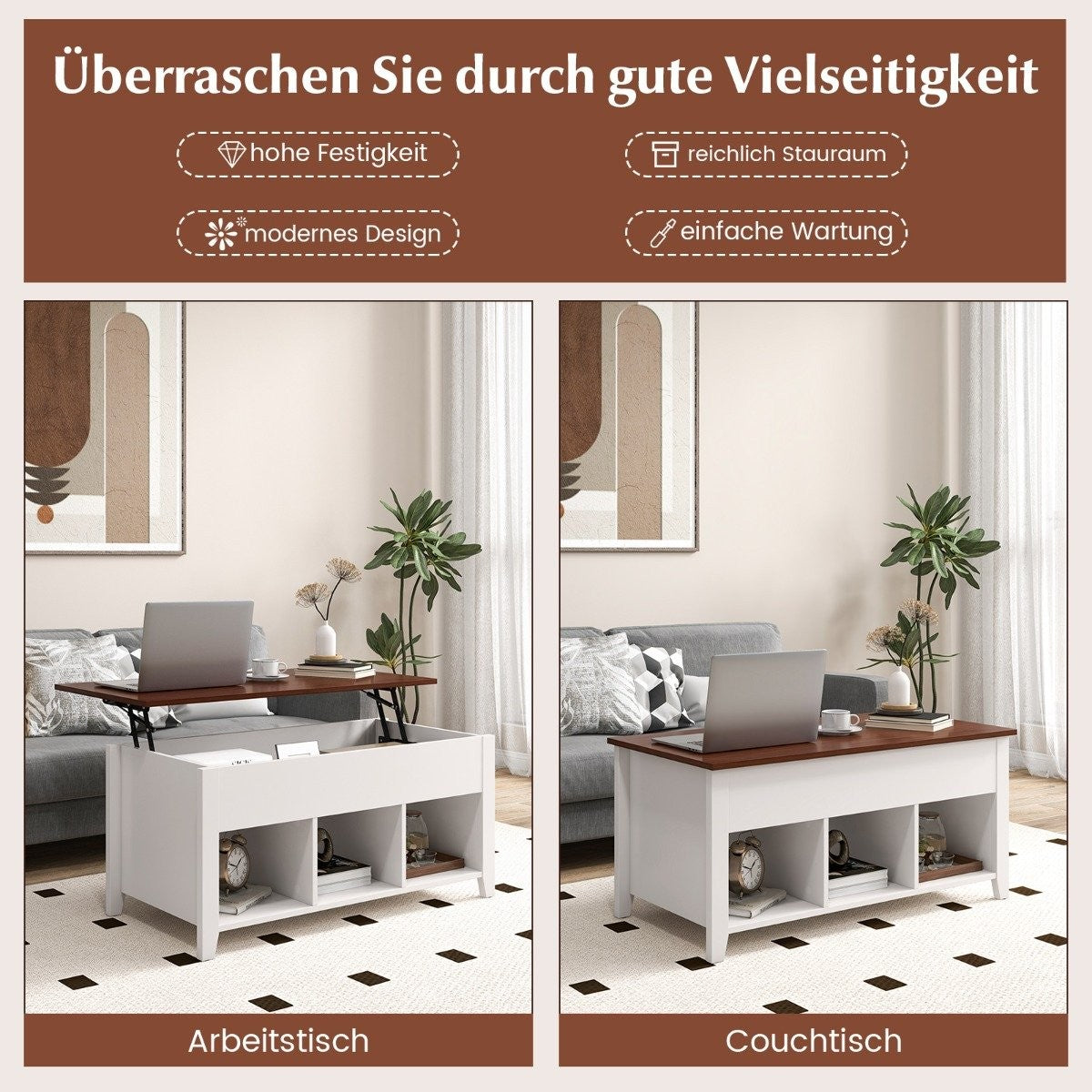 Sofa table with lifting plate storage space & 3 open shelves, height adjustable 104.5 x 49 x 48-62.5 cm white