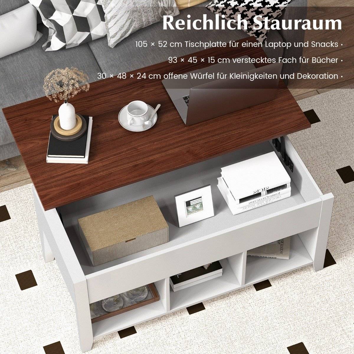 Sofa table with lifting plate storage space & 3 open shelves, height adjustable 104.5 x 49 x 48-62.5 cm white