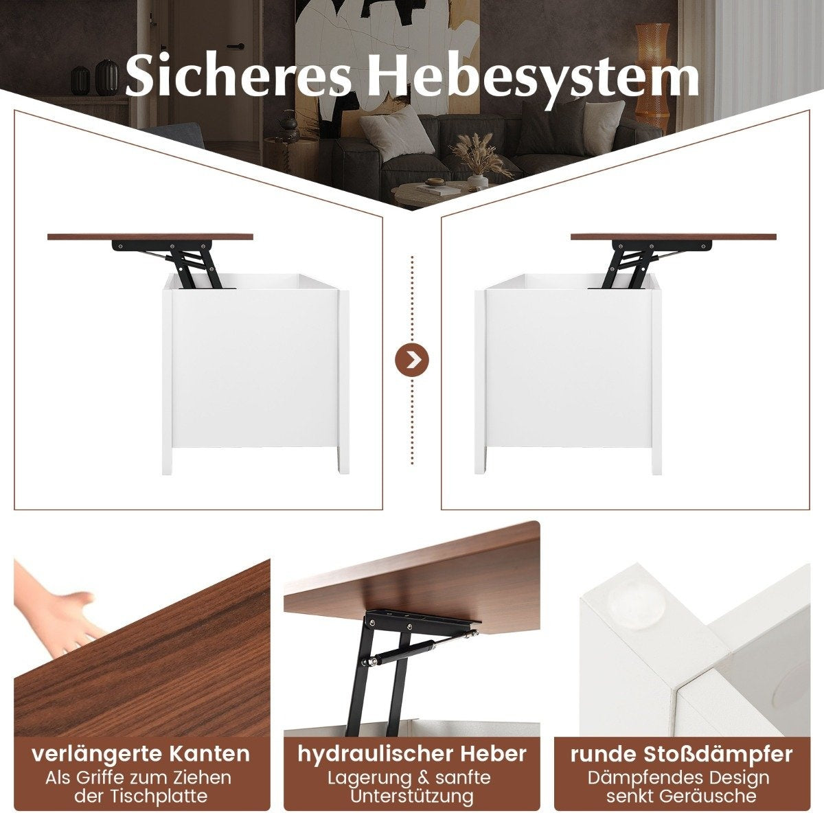 Sofa table with lifting plate storage space & 3 open shelves, height adjustable 104.5 x 49 x 48-62.5 cm white