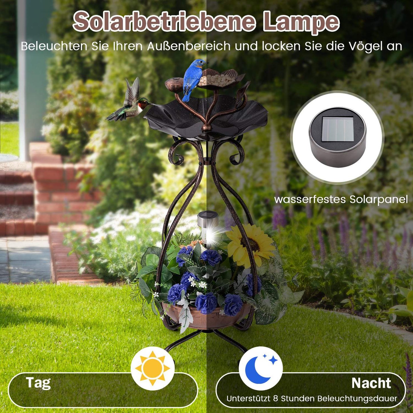 Solar Bird Bath with Feeder & Planter – Bronze Lotus Design