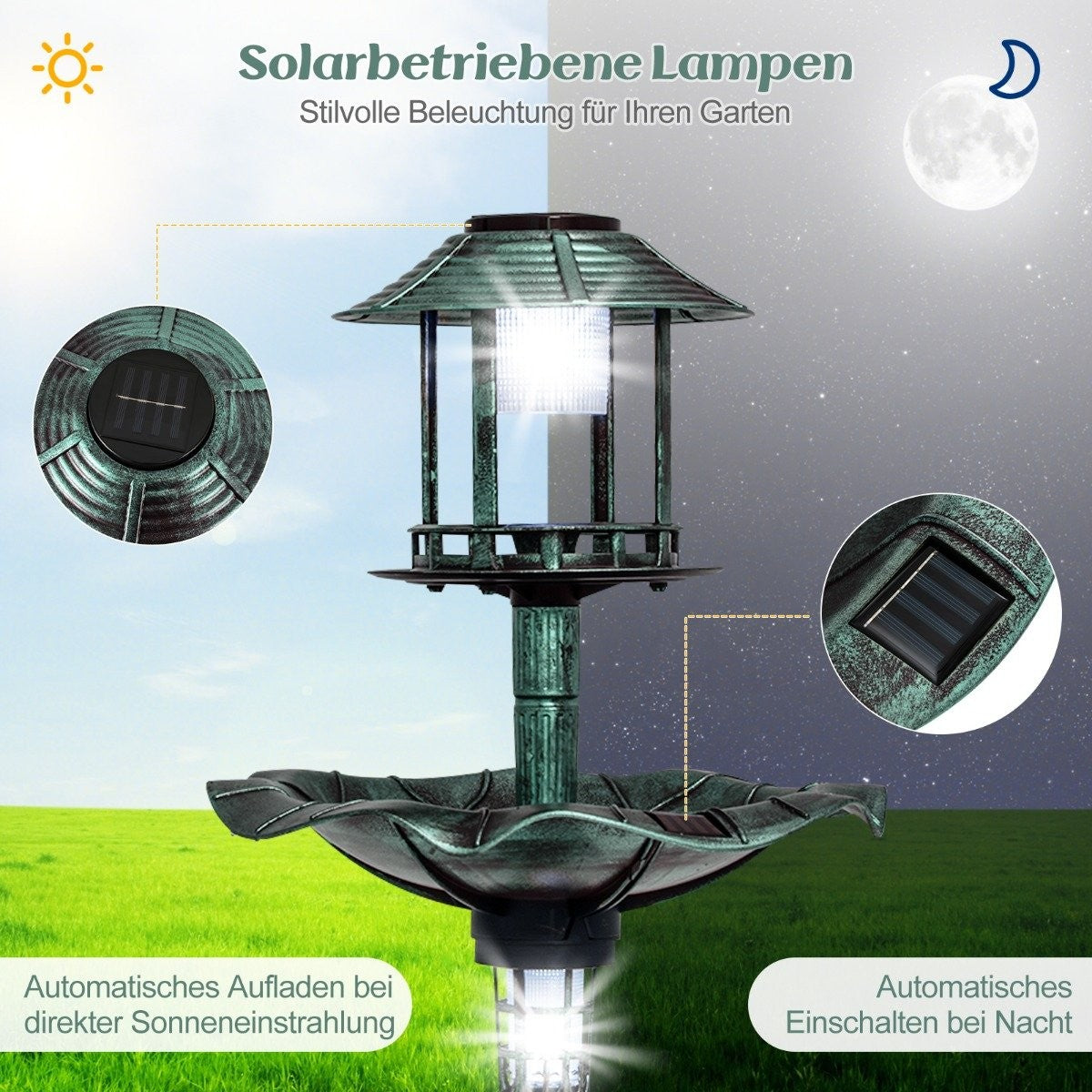 Solar Bird Bath with Feeder and Planter – 43x110 cm Green