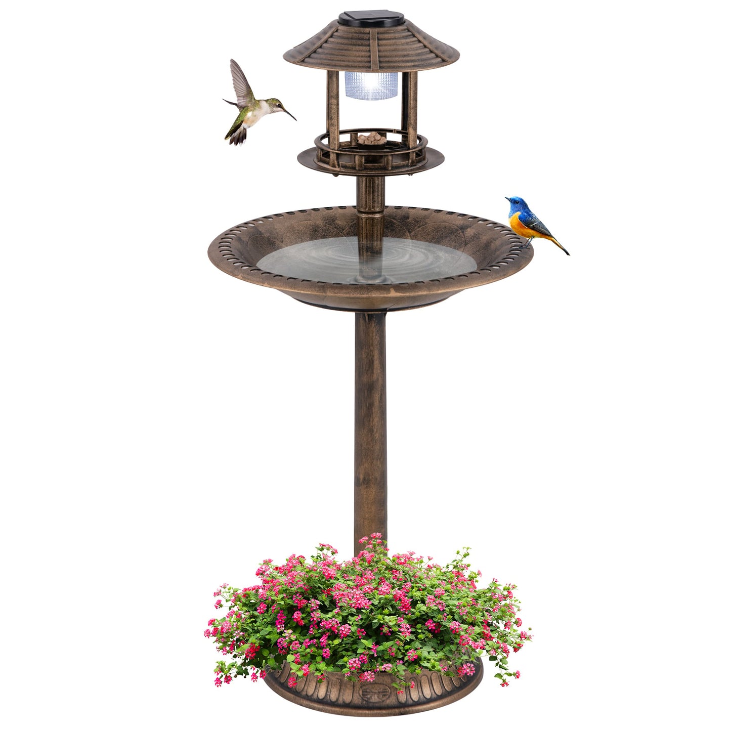 Solar Bird Bath with Feeder and Planter – Bronze Finish