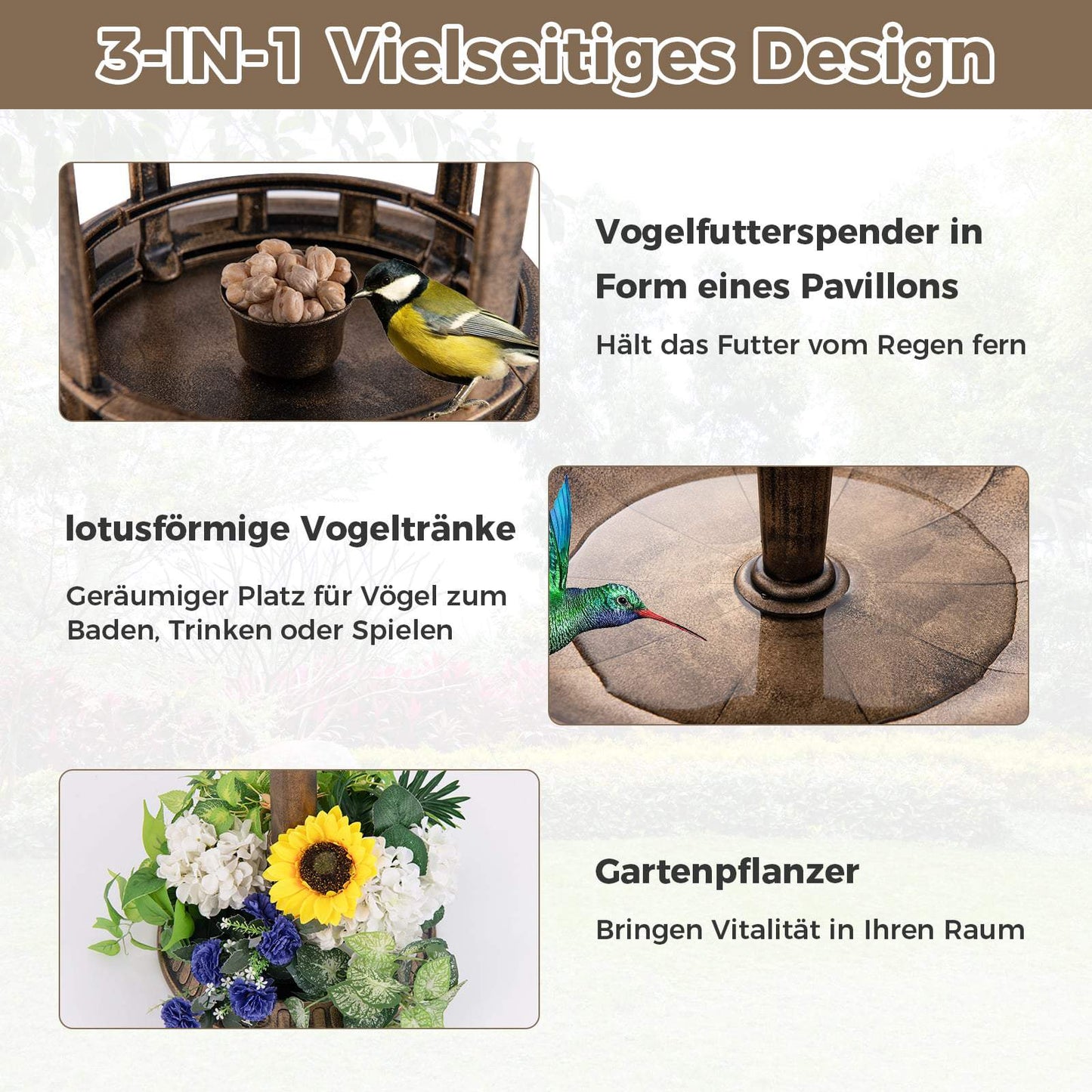 Solar Bird Bath with Feeder and Planter – Bronze Finish
