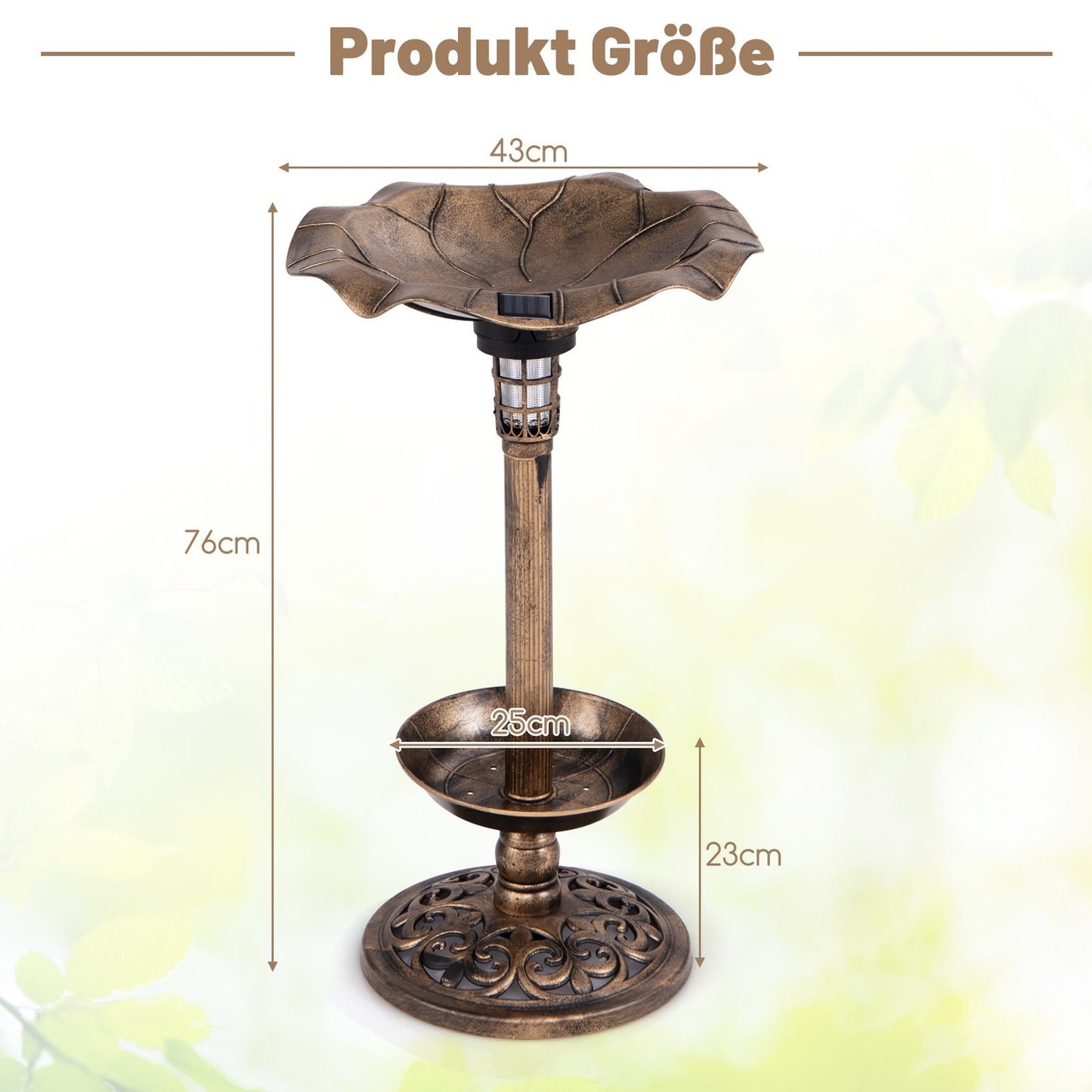 Solar Bird Bath with LED Light, Feeder & Planter, Bronze, Ø43x76cm