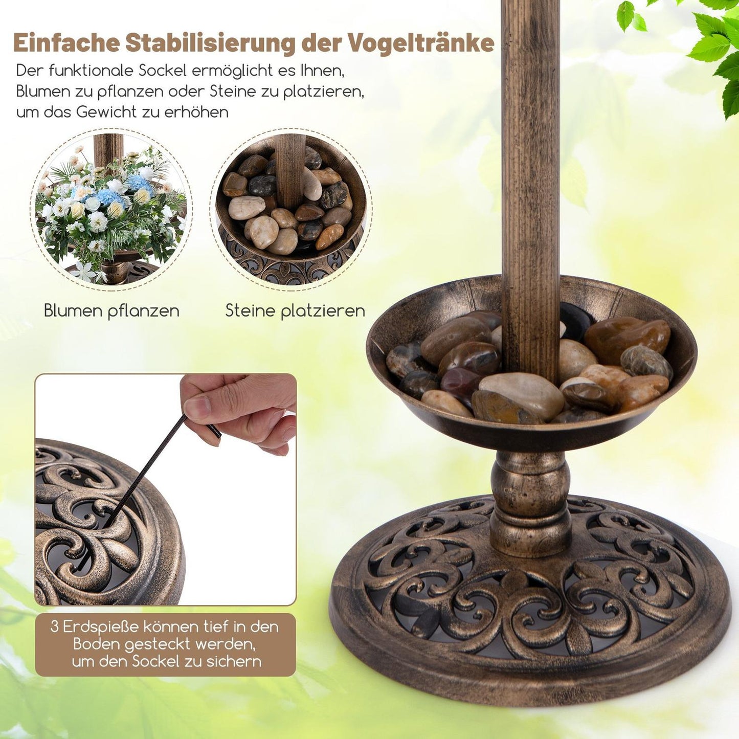 Solar Bird Bath with LED Light, Feeder & Planter, Bronze, Ø43x76cm