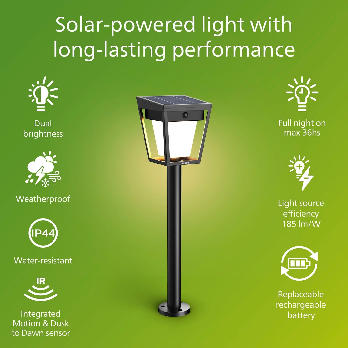 Solar LED Garden Light, Dual Brightness, Black, IP44