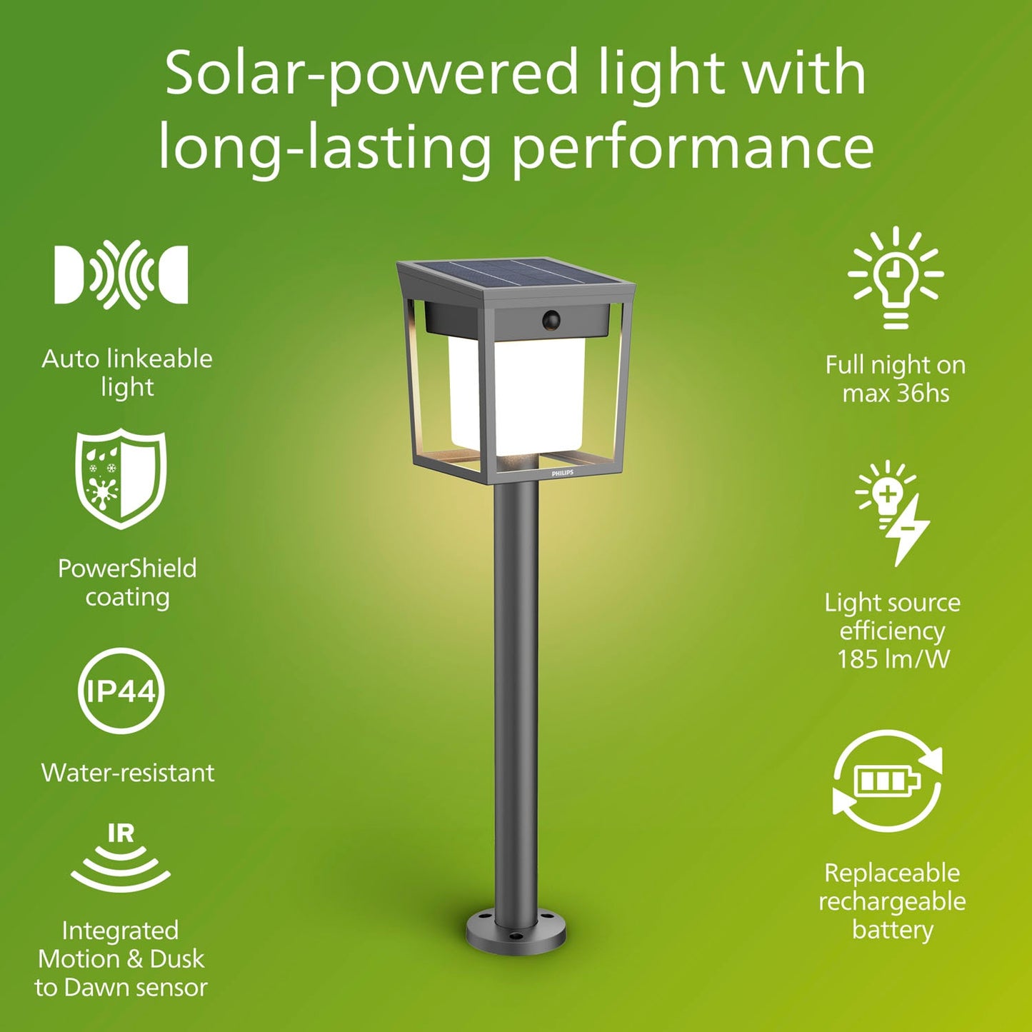 Solar LED Garden Path Light, Dual Brightness, Black