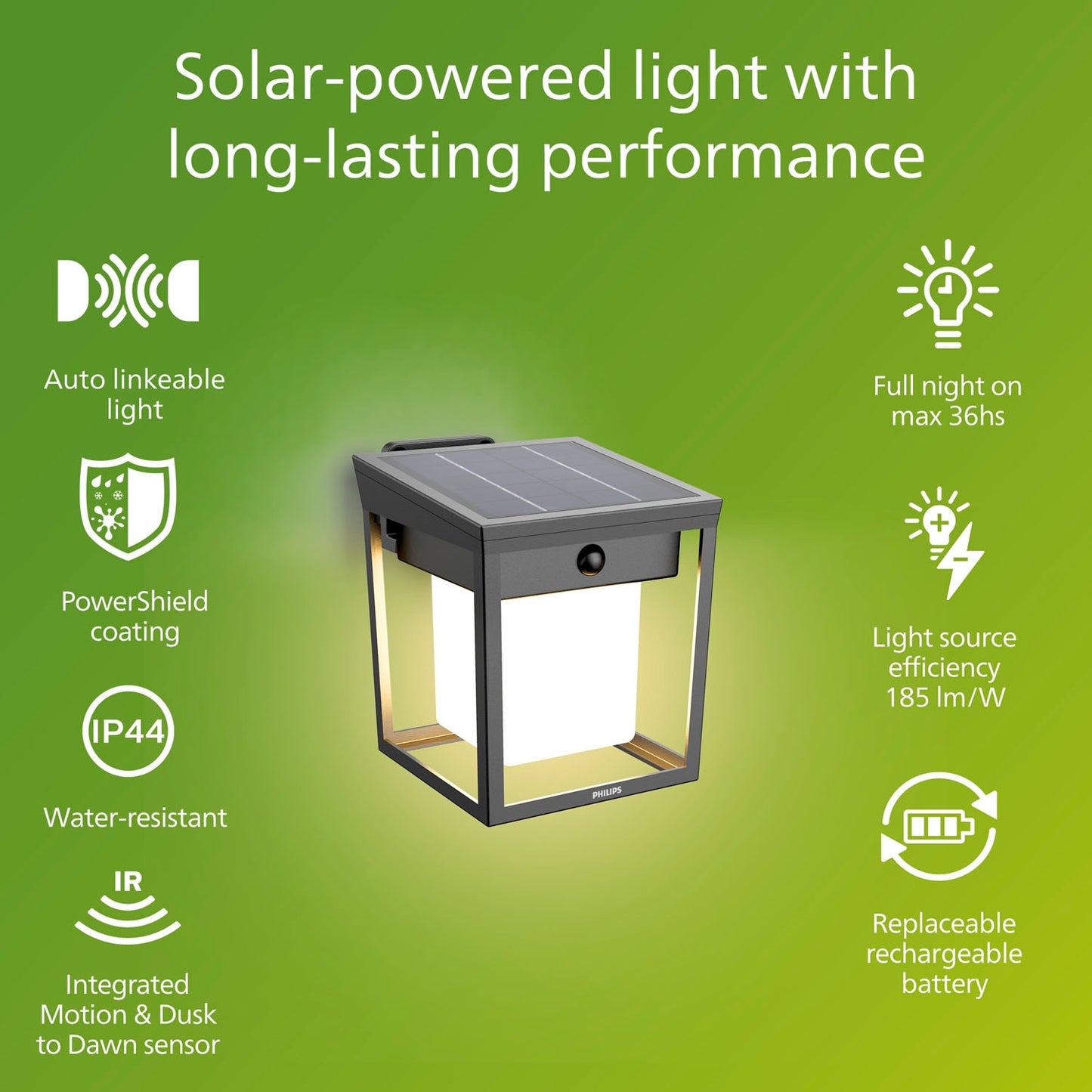 Solar LED Wall Light, Dual Brightness, Black, IP44