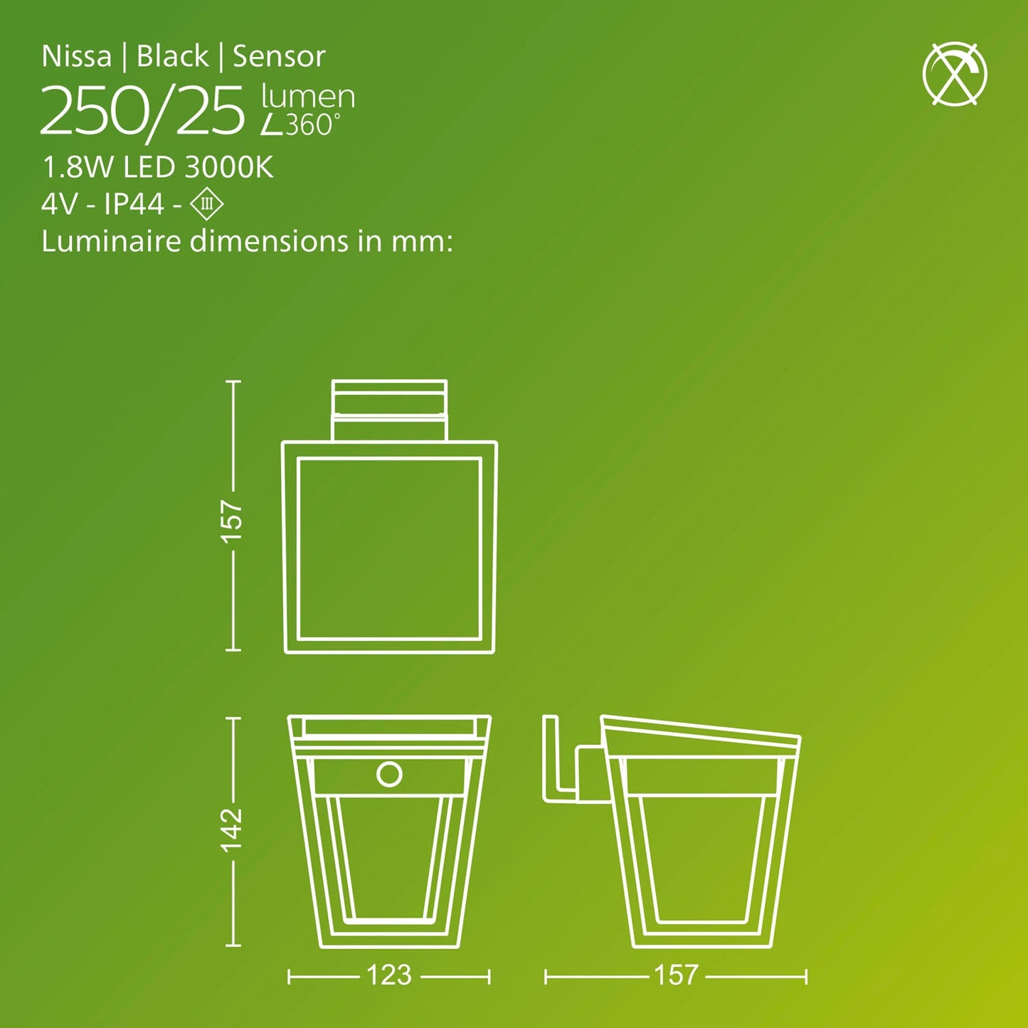 Solar LED Wall Light, Dual Brightness, Black, IP44