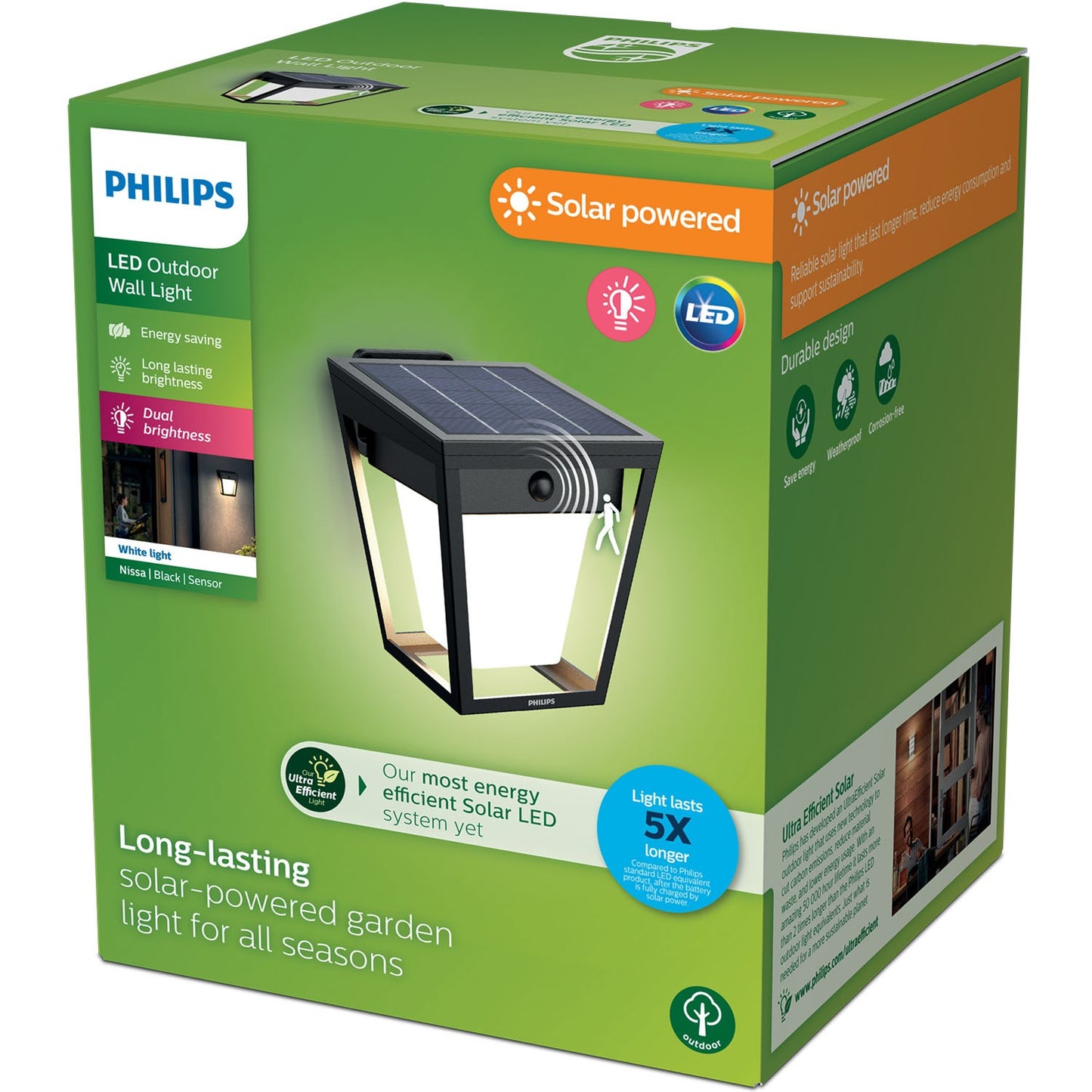 Solar LED Wall Light, Dual Brightness, Black, IP44