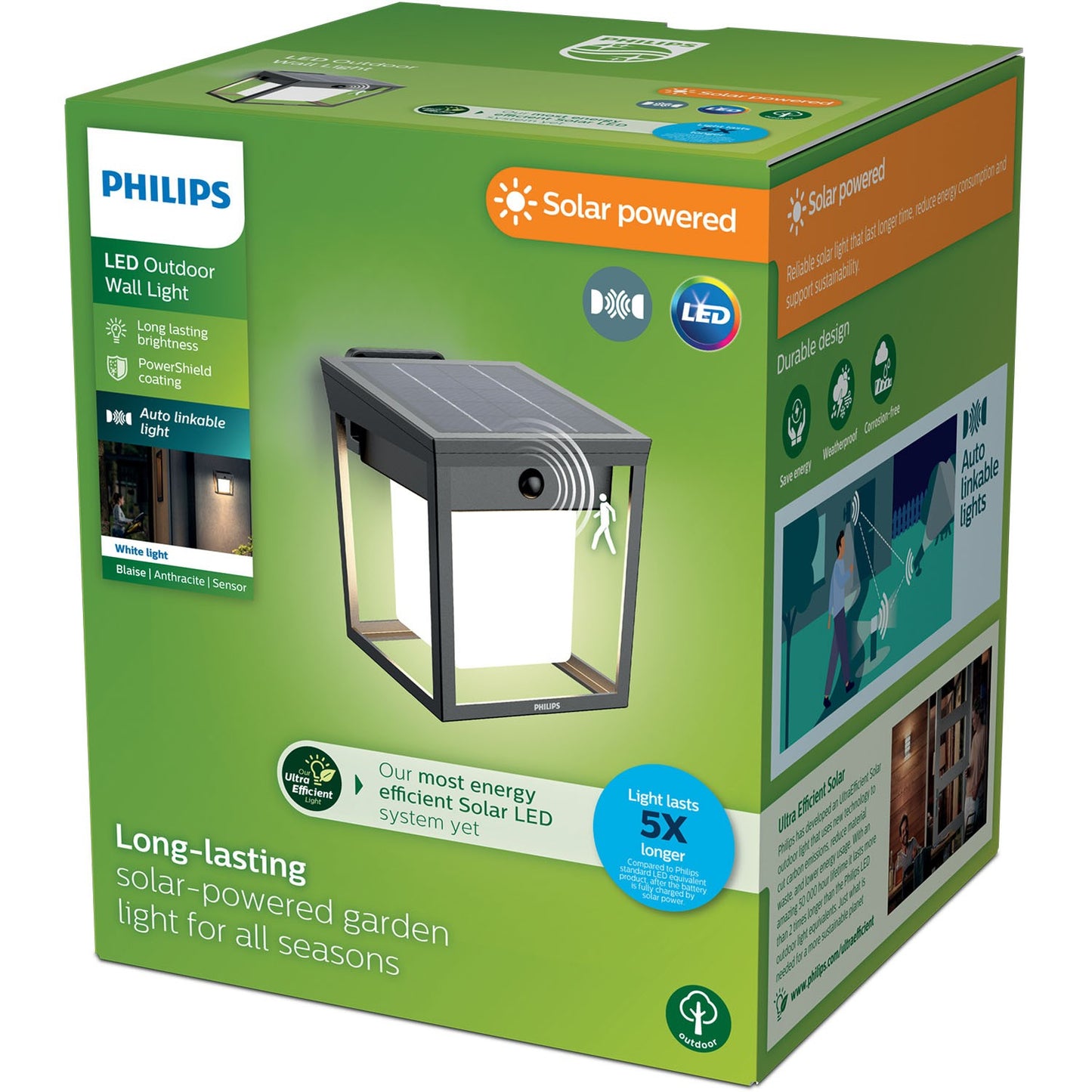 Solar LED Wall Light, Dual Brightness, Black, IP44
