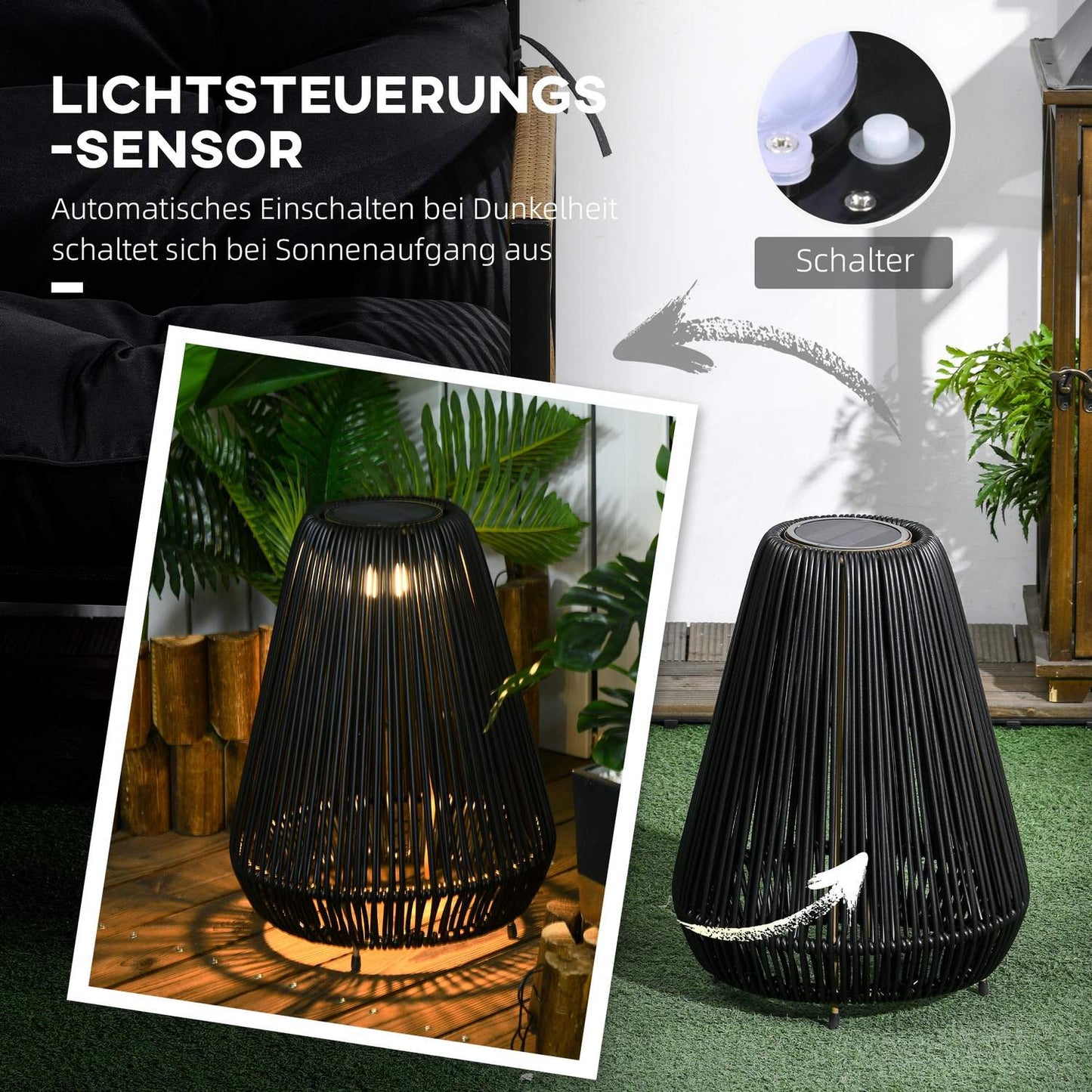 Solar Path Light, waterproof rattan LED with sensor, black
