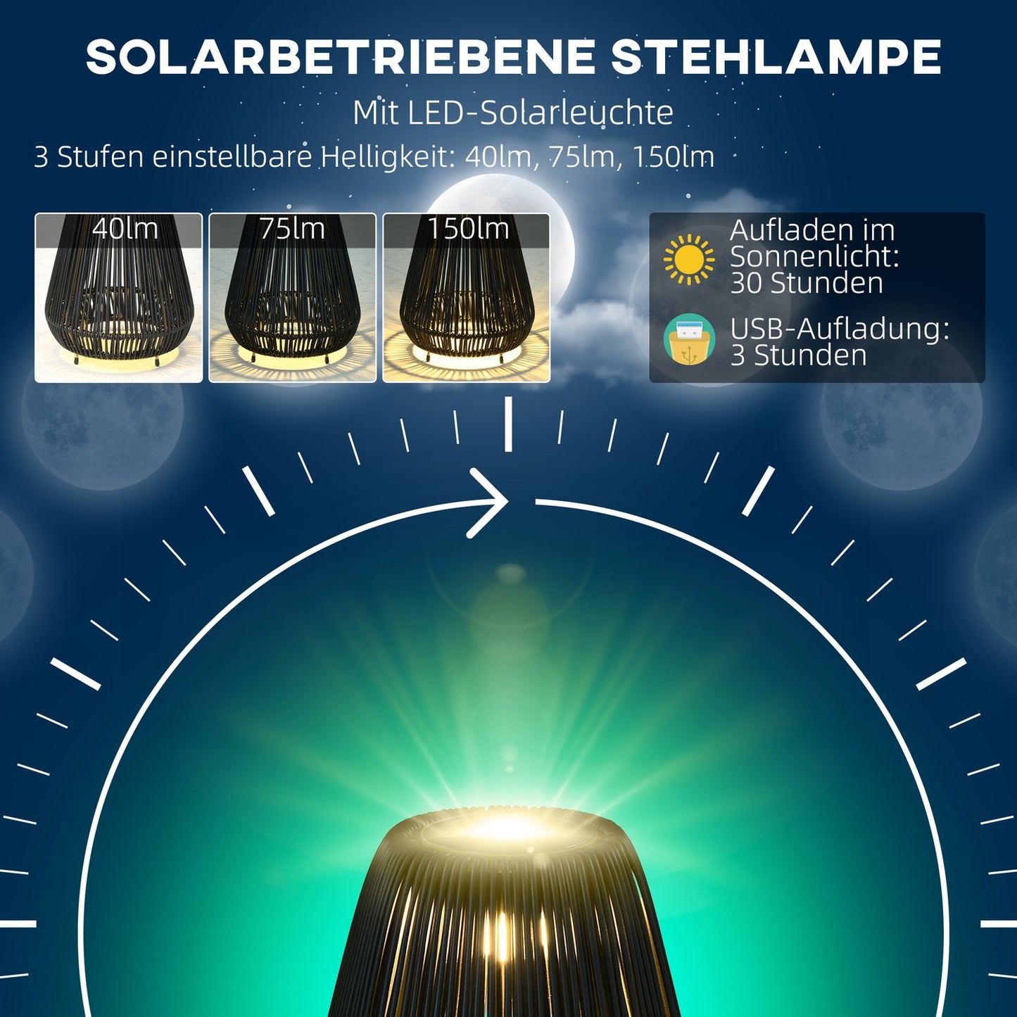 Solar Path Light, waterproof rattan LED with sensor, black