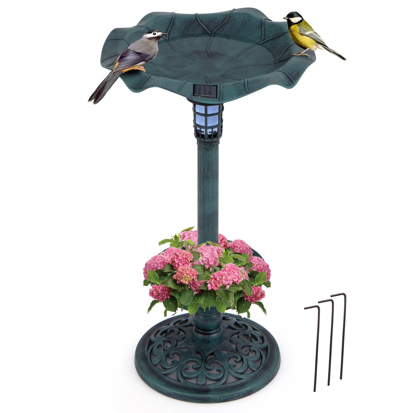 Solar-Powered Bird Bath with LED Light and Planter