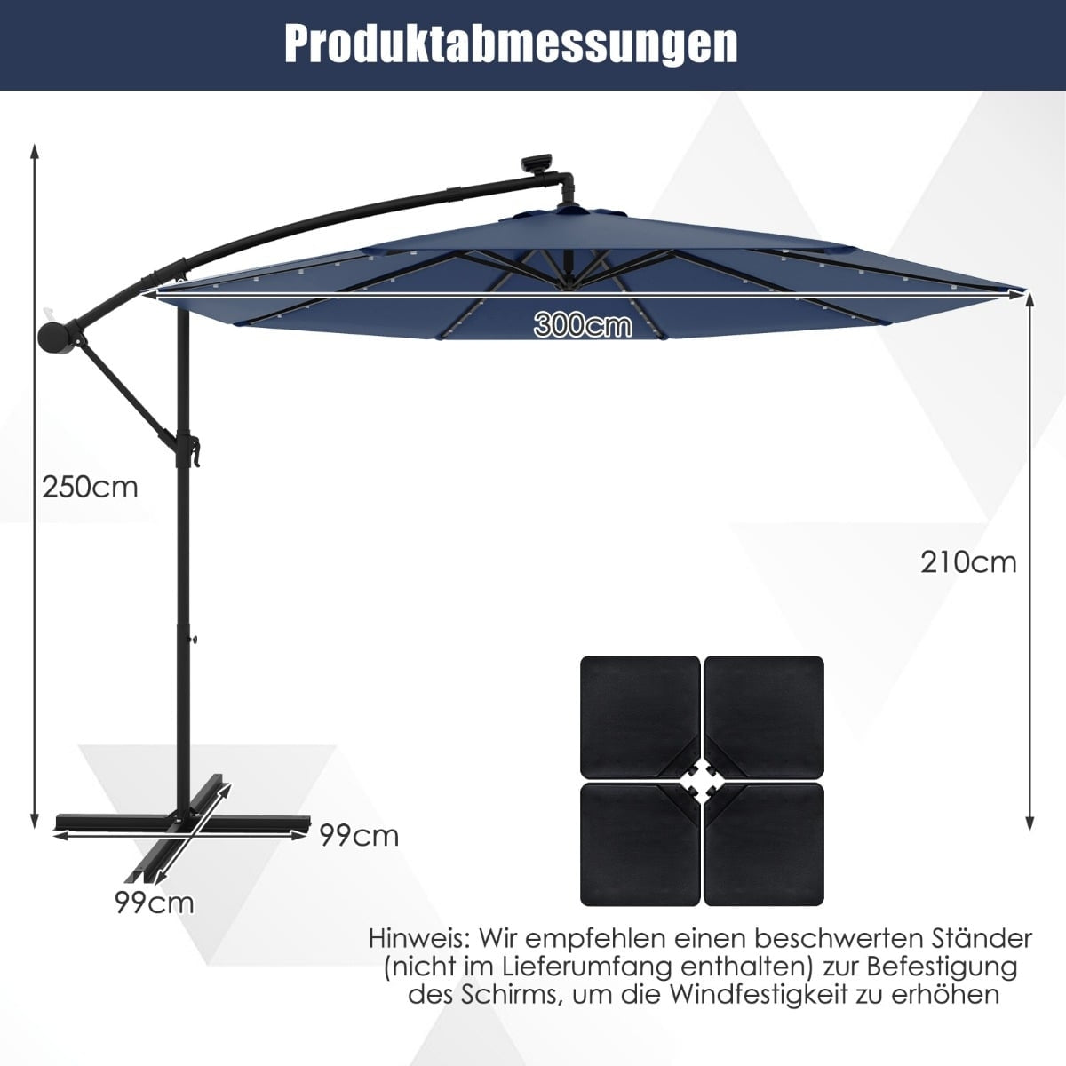 Solar-Powered Patio Umbrella with LED Lights, Navy Blue
