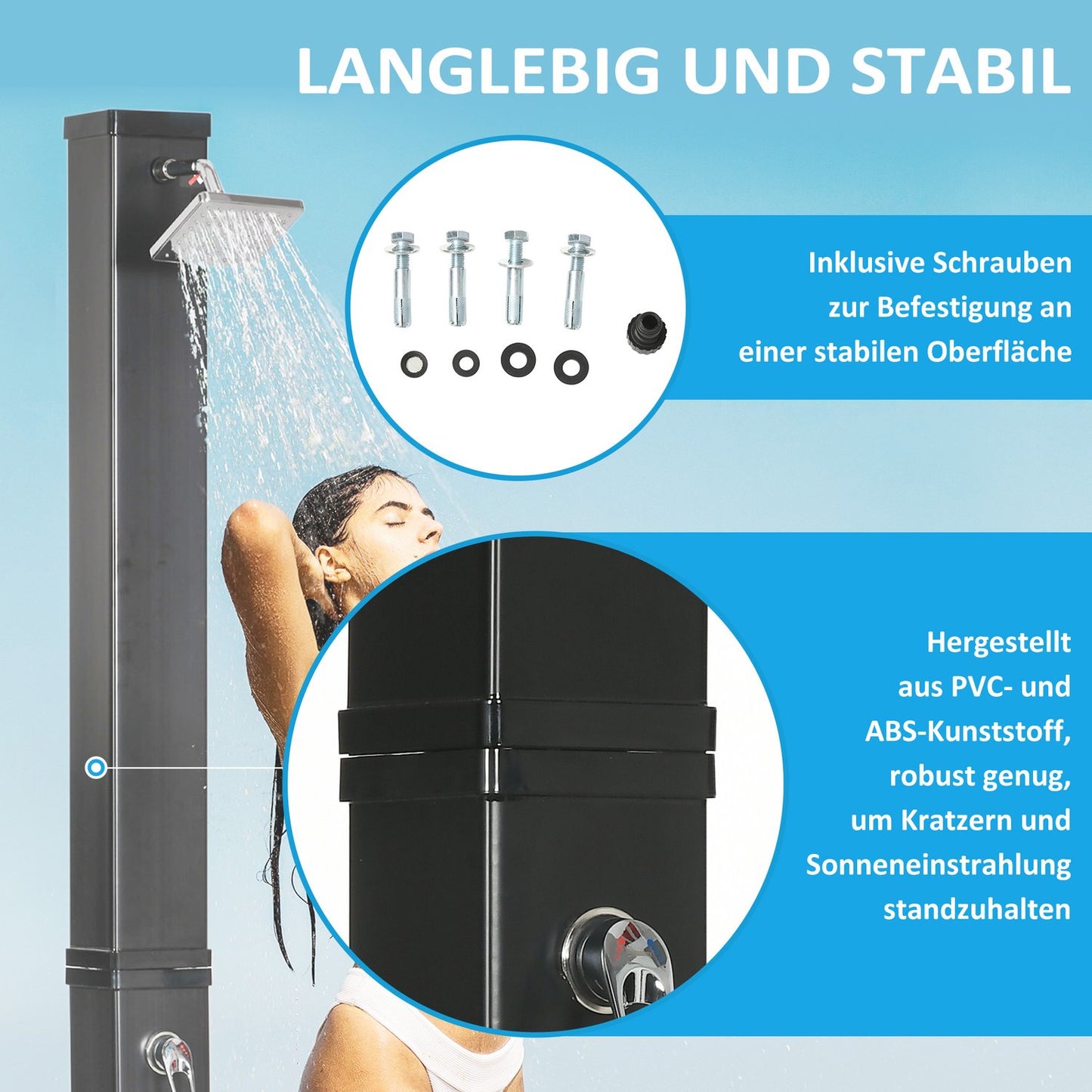 Outdoor 40L solar shower, foot and rain head, 60°C water