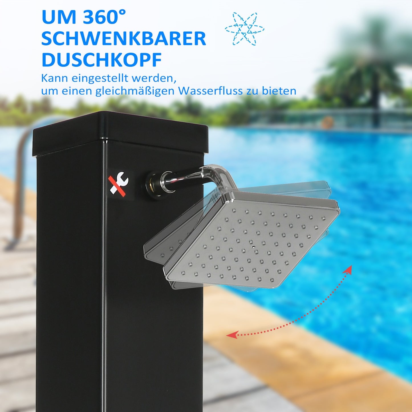 Outdoor 40L solar shower, foot and rain head, 60°C water