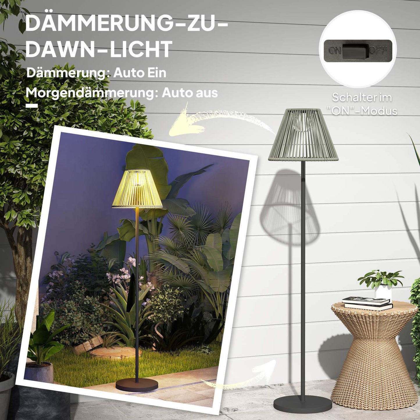 Boho Solar floor lamp, rattan, 25 LEDs, outdoor, IP44