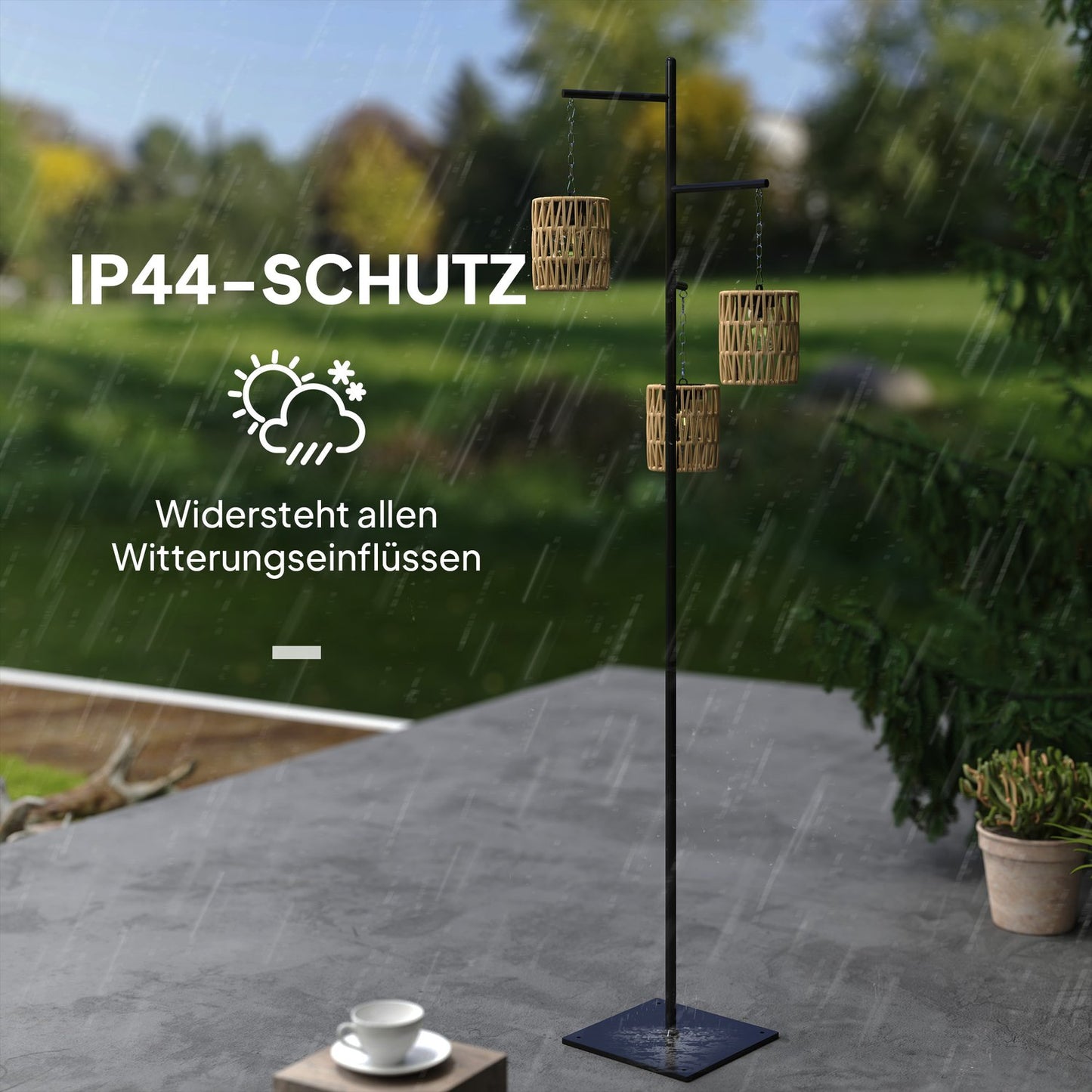 Rattan Solar Floor Lamp, Light Sensor, IP44 Waterproof
