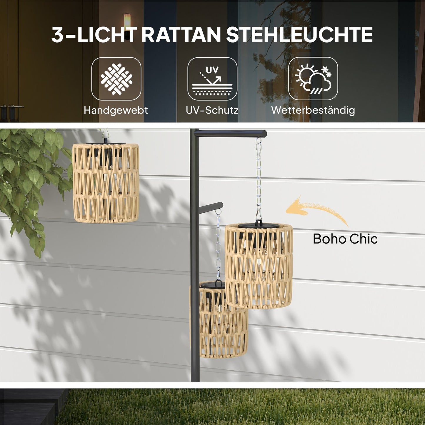 Rattan Solar Floor Lamp, Light Sensor, IP44 Waterproof