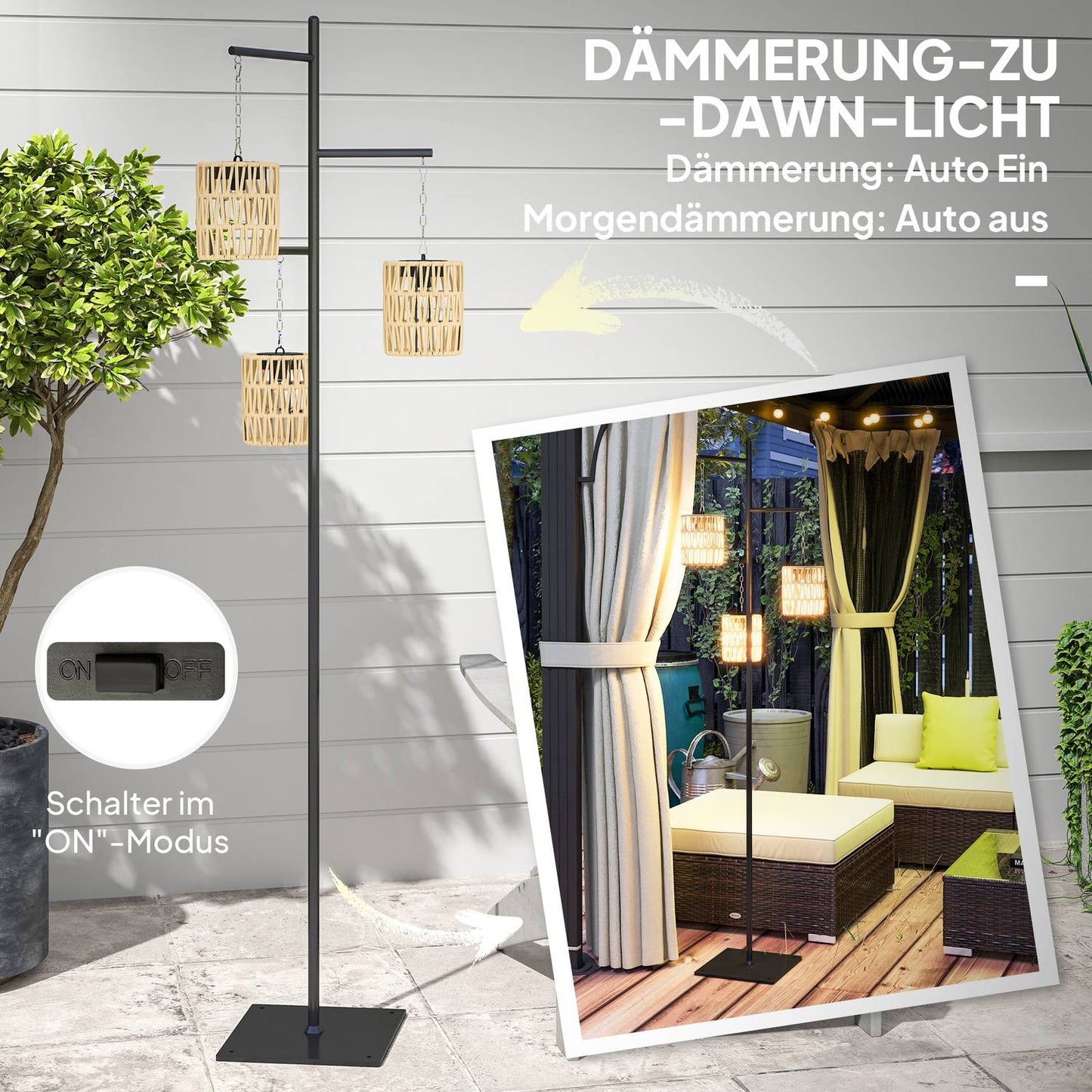 Rattan Solar Floor Lamp, Light Sensor, IP44 Waterproof
