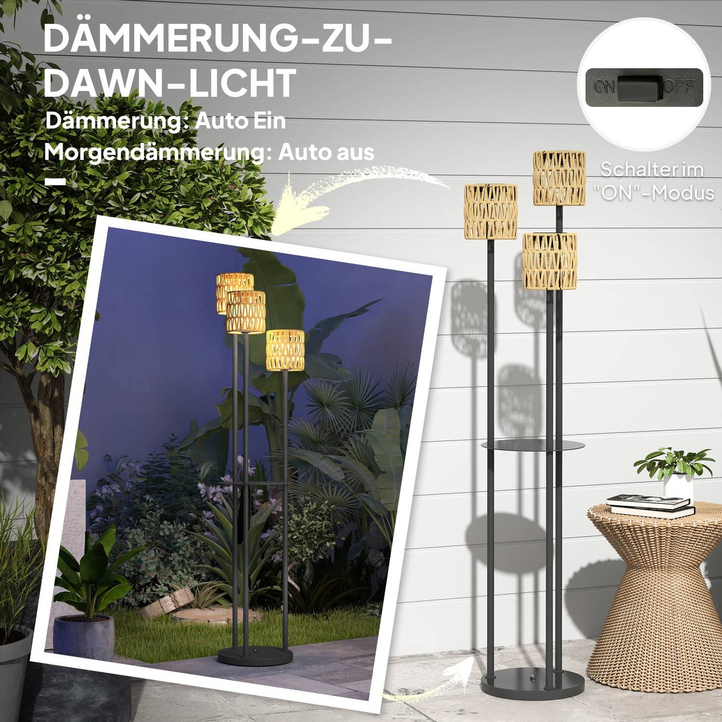 Solar floor lamp, rattan, Boho Style, outdoor, IP44 waterproof