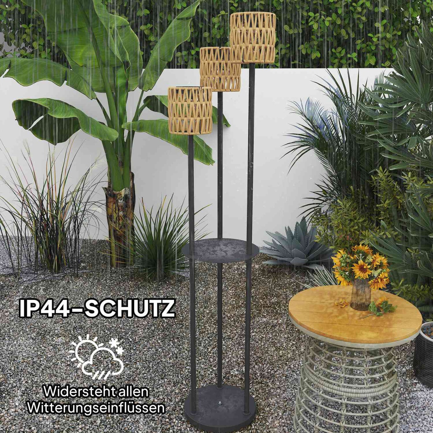 Solar floor lamp, rattan, Boho Style, outdoor, IP44 waterproof