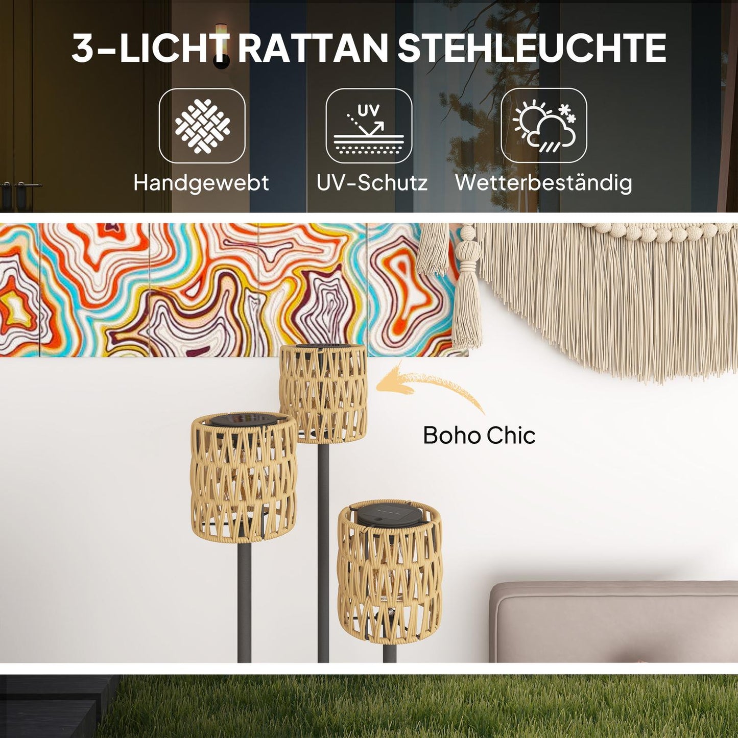Solar floor lamp, rattan, Boho Style, outdoor, IP44 waterproof