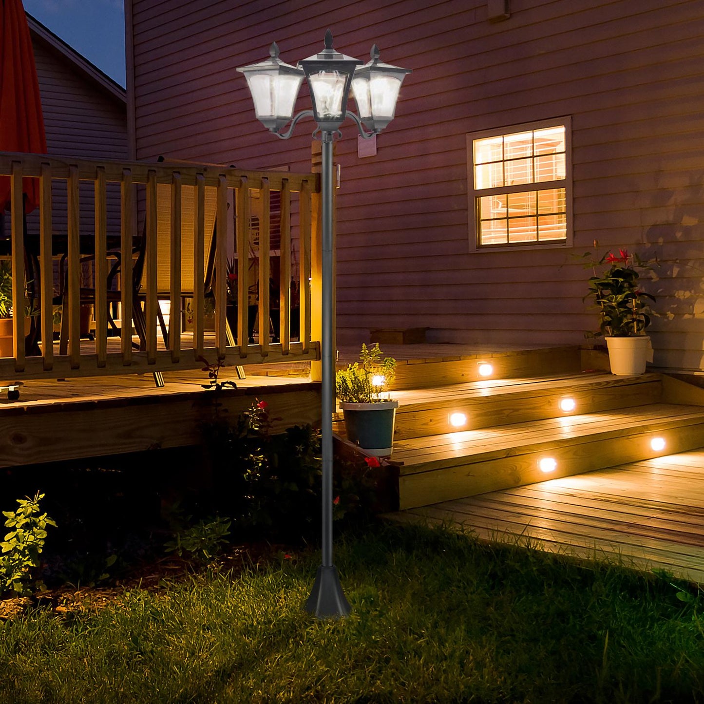 Solar Garden Path Light, 3 Flames, Stainless Steel, LED