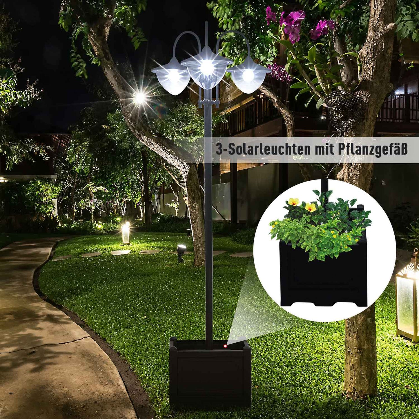 Solar Garden Light, 3-head lamp with flower pot base