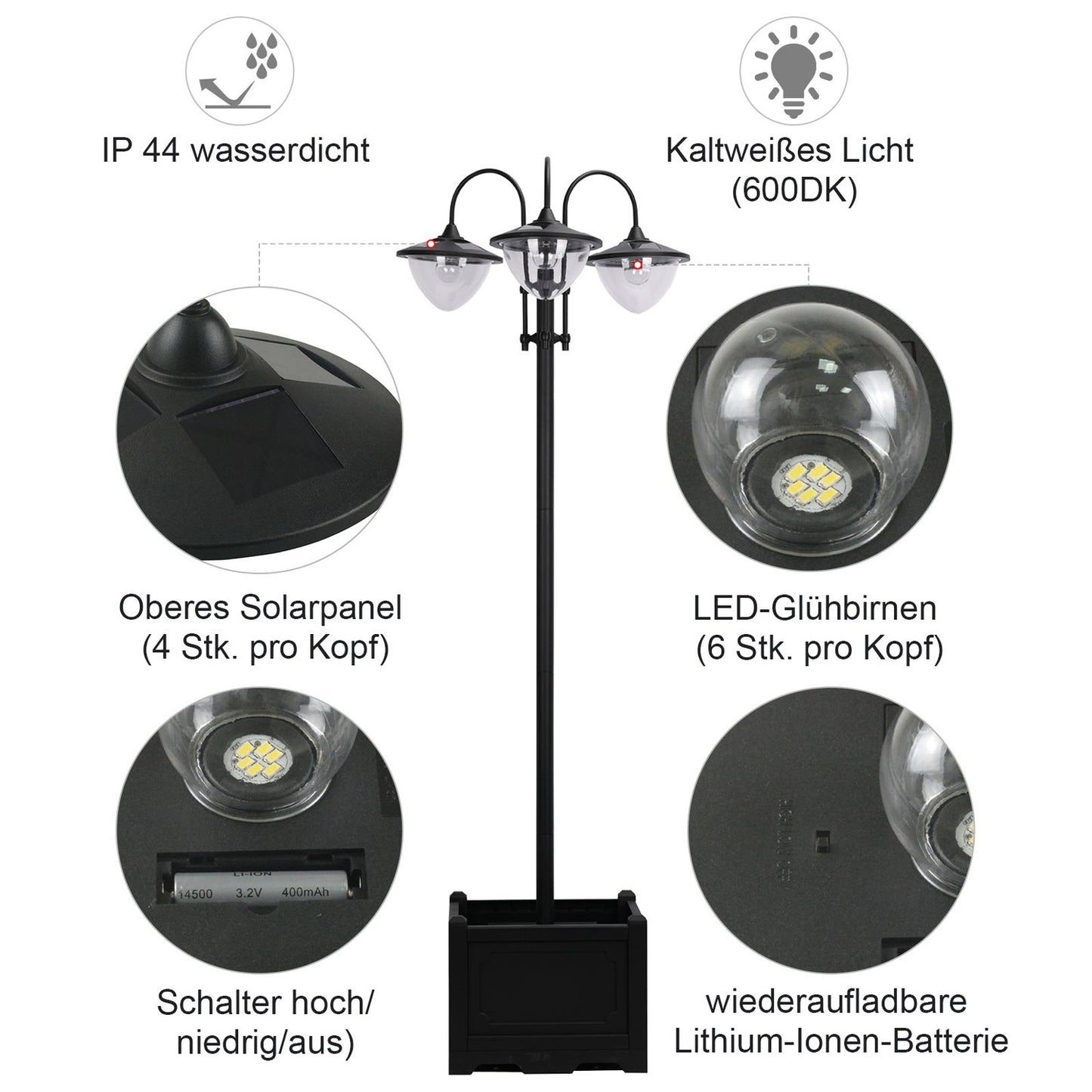 Solar Garden Light, 3-head lamp with flower pot base