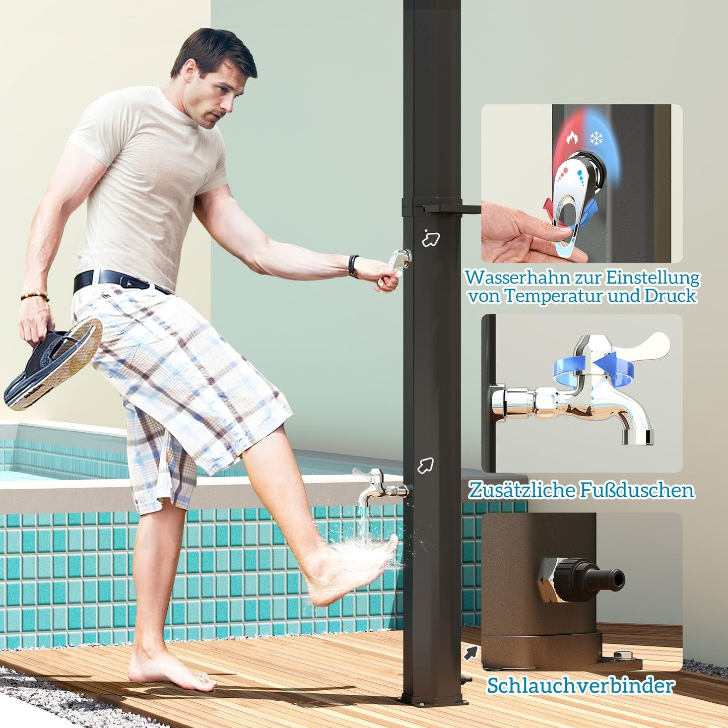 Solar Garden Shower, 35L, Heated, faucet & hand shower