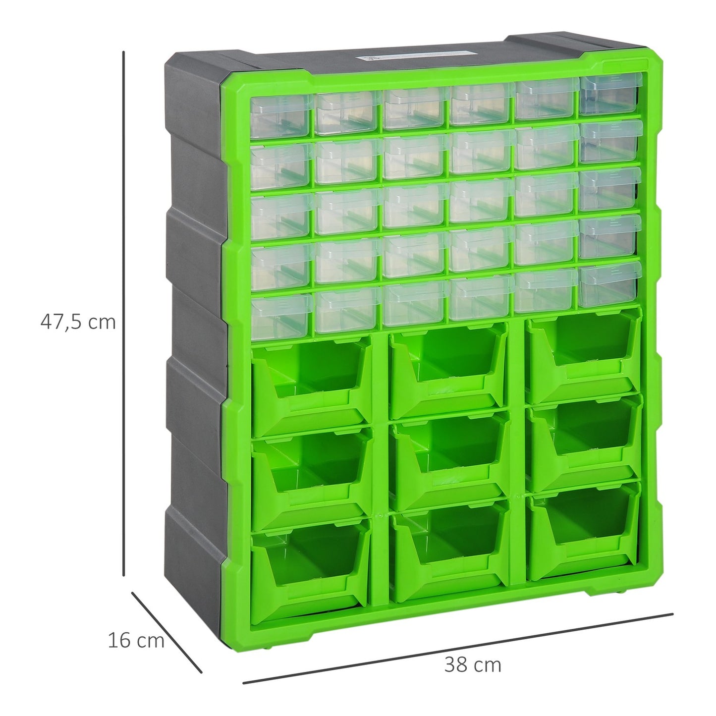 Storage box for small parts, 39 compartments, green