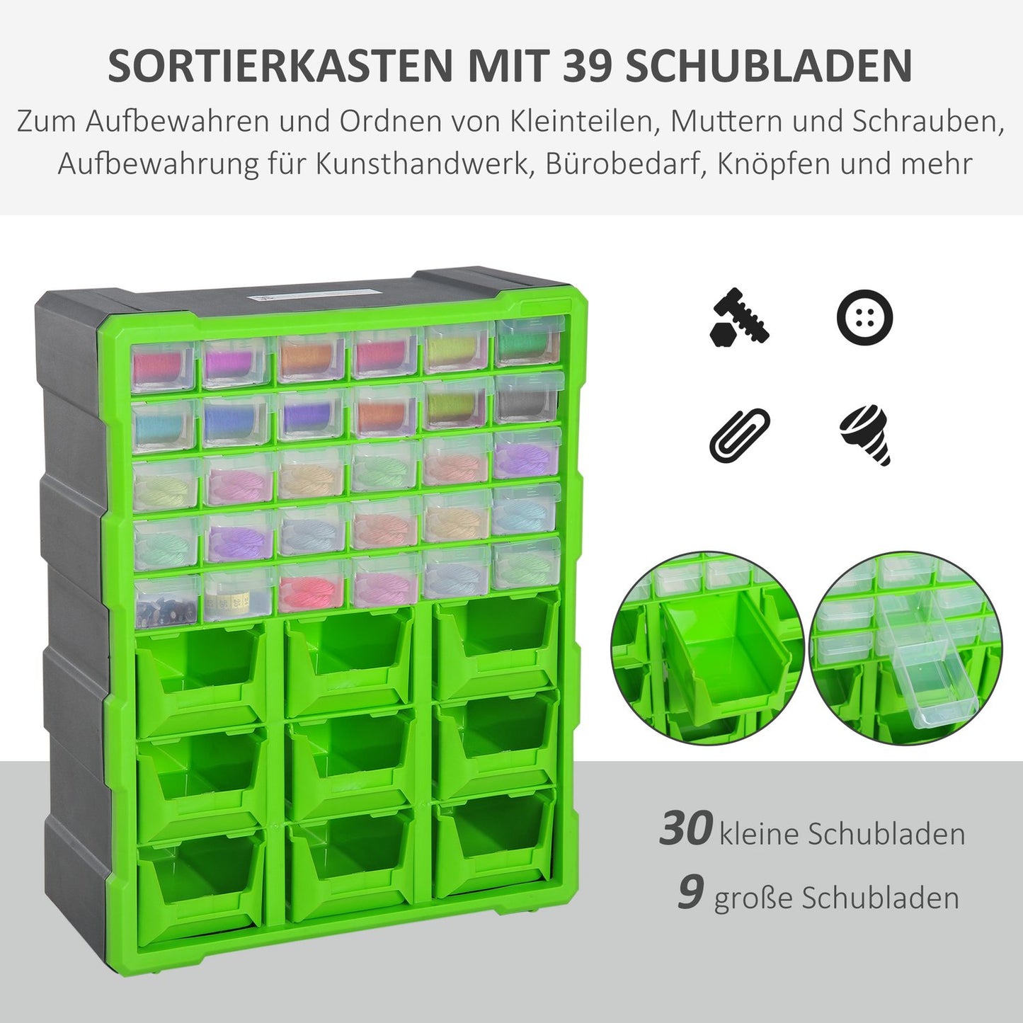 Storage box for small parts, 39 compartments, green