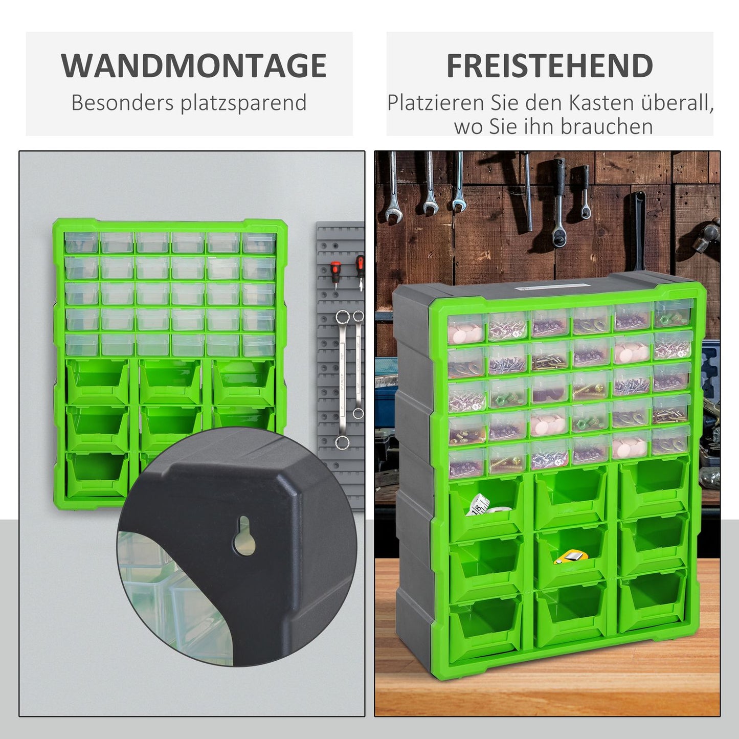 Storage box for small parts, 39 compartments, green