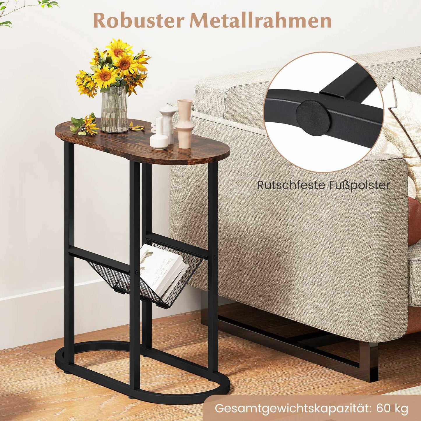 Space-Saving Oval Side Table with Magazine Holder