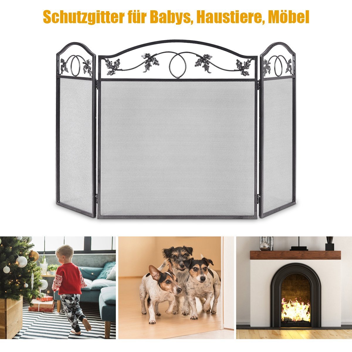 Spark protection grille with sturdy metal frame, 3-part foldable fireplace grille, black